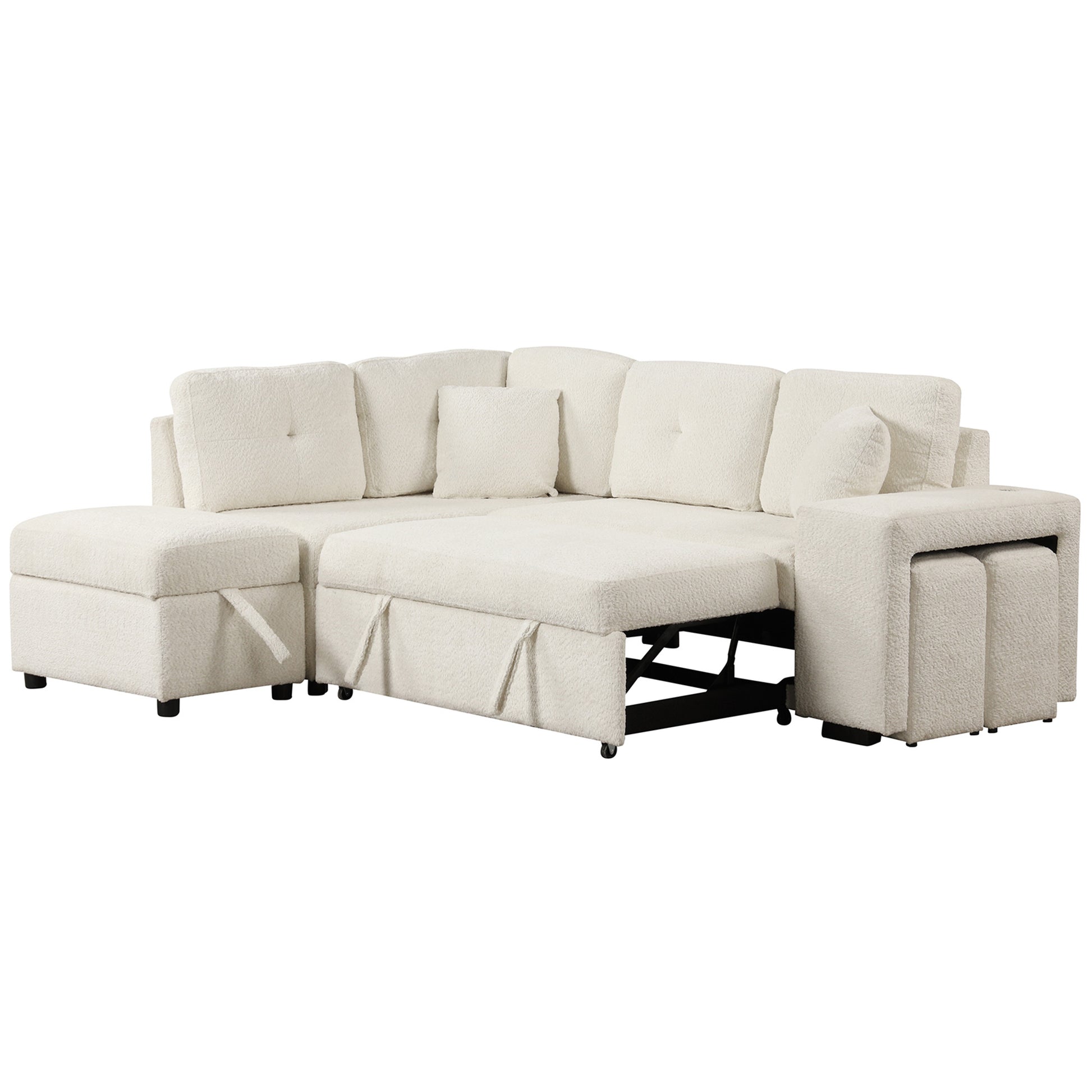 87.7" Convertible Sleeper, Sectional Pull Out Sofa Bed With Storage Ottoman, 2 Throw Pillows, 2 Stools, Wireless Charger And Two Hidden Usb Ports For Living Room, Cream Cream Chenille 4 Seat