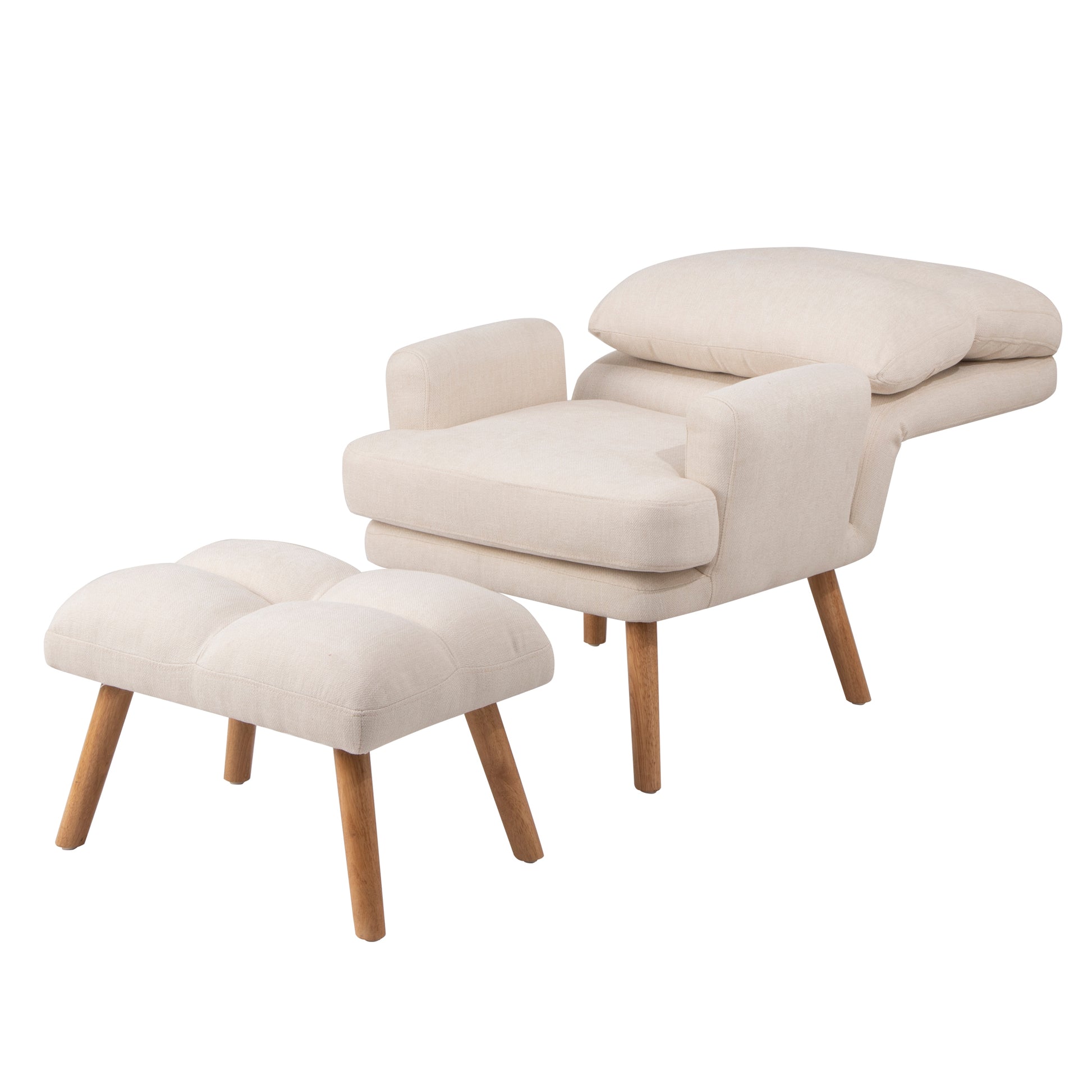 Accent Chair With Ottoman Set, Fabric Armchair With Wood Legs And Adjustable Backrestmid Century Modern Comfy Lounge Chair For Living Room, Bedroom, Reading Room And Study Beige Textile 1 Seat