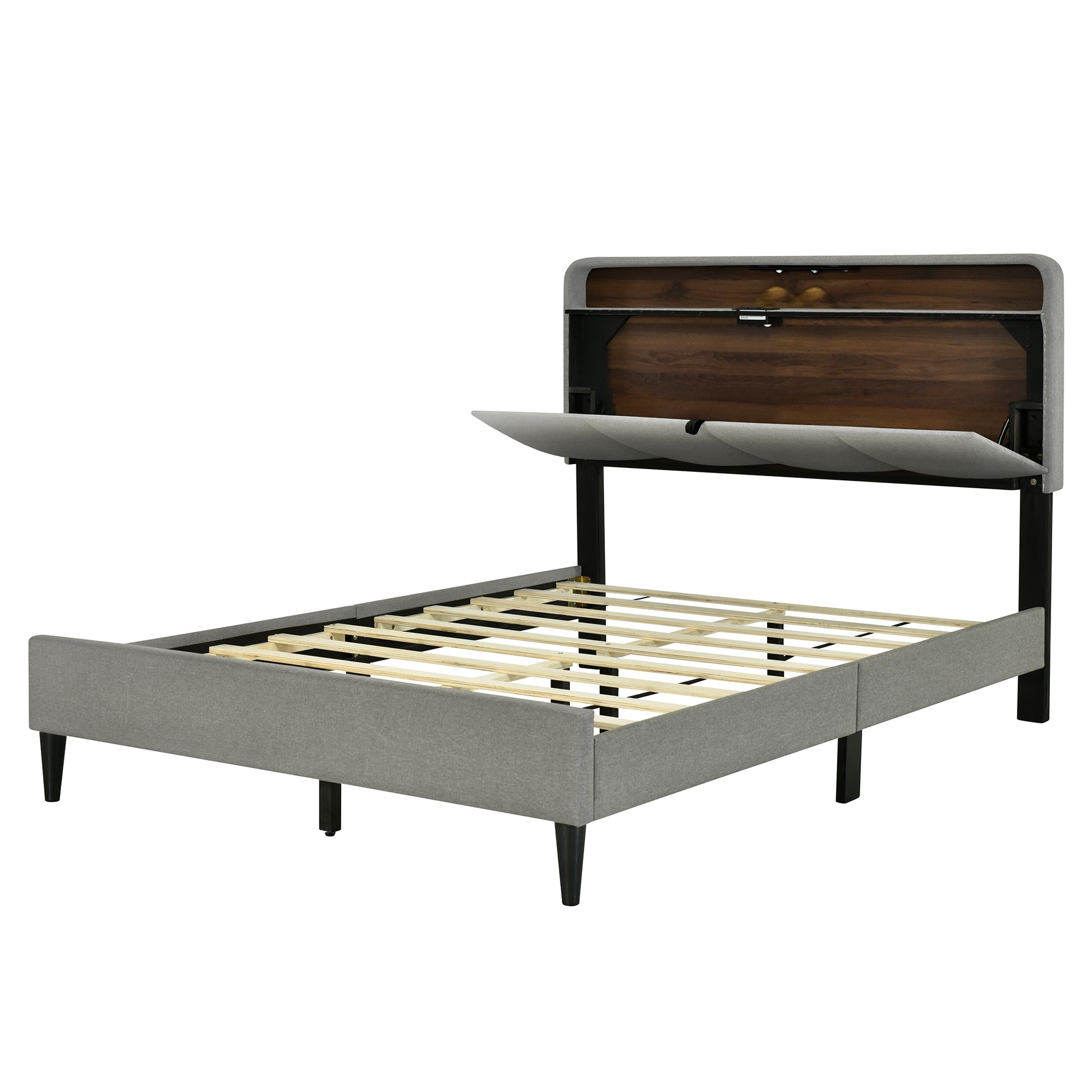 Full Size Upholstered Platform Bed With Storage Headboard, Sensor Light And A Set Of Sockets And Usb Ports, Linen Fabric, Gray Gray Linen