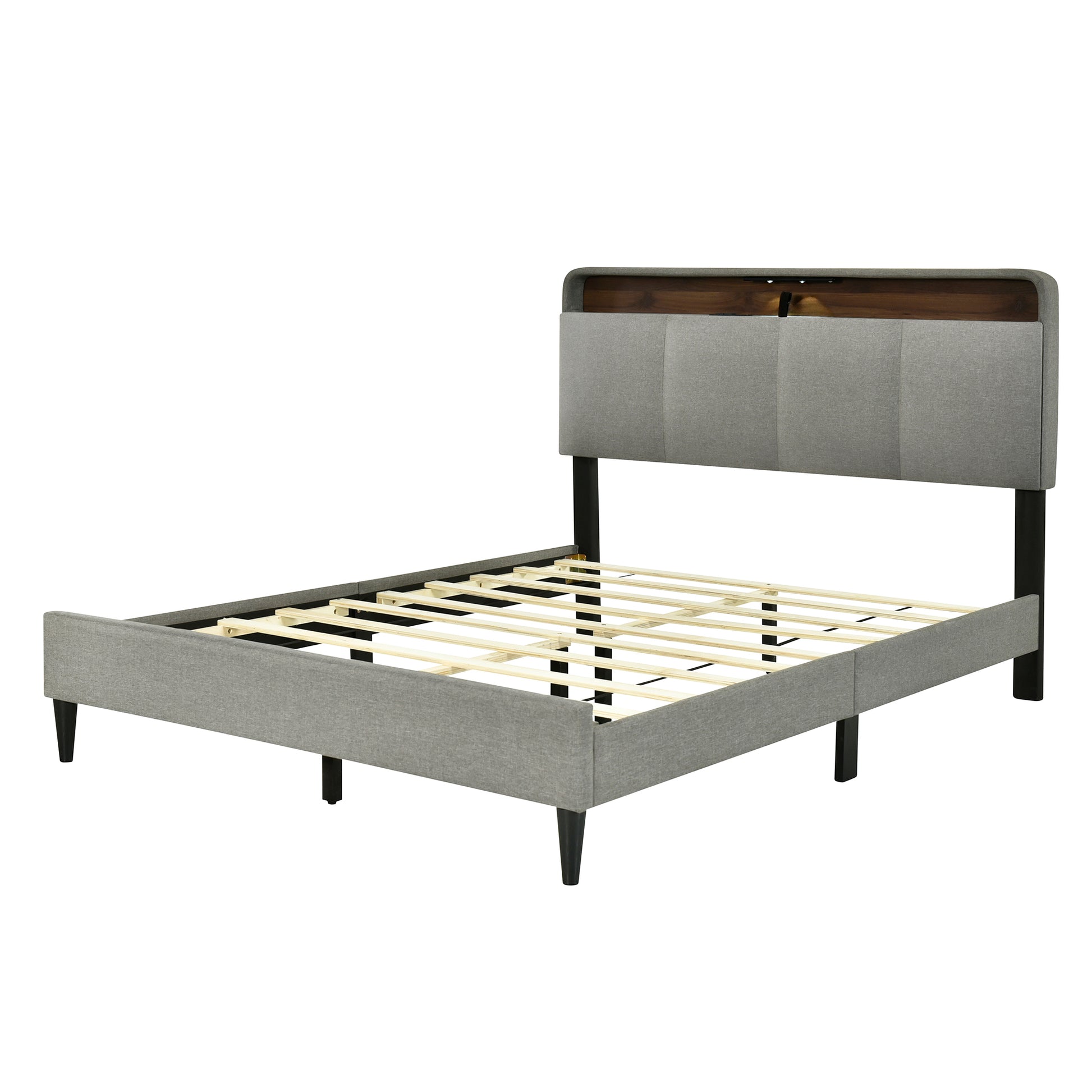 Queen Size Upholstered Platform Bed With Storage Headboard, Sensor Light And A Set Of Sockets And Usb Ports, Linen Fabric, Gray Gray Linen