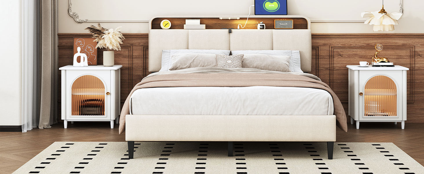 Full Size Upholstered Platform Bed With Storage Headboard, Sensor Light And A Set Of Sockets And Usb Ports, Linen Fabric, Beige Beige Linen