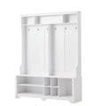 Hall Tree Entryway Bench With Coat Rack, With Shoe Cubbies For Bedroom, White, 59.8'' W X 15.8'' D X 76.8''H. White Particle Board