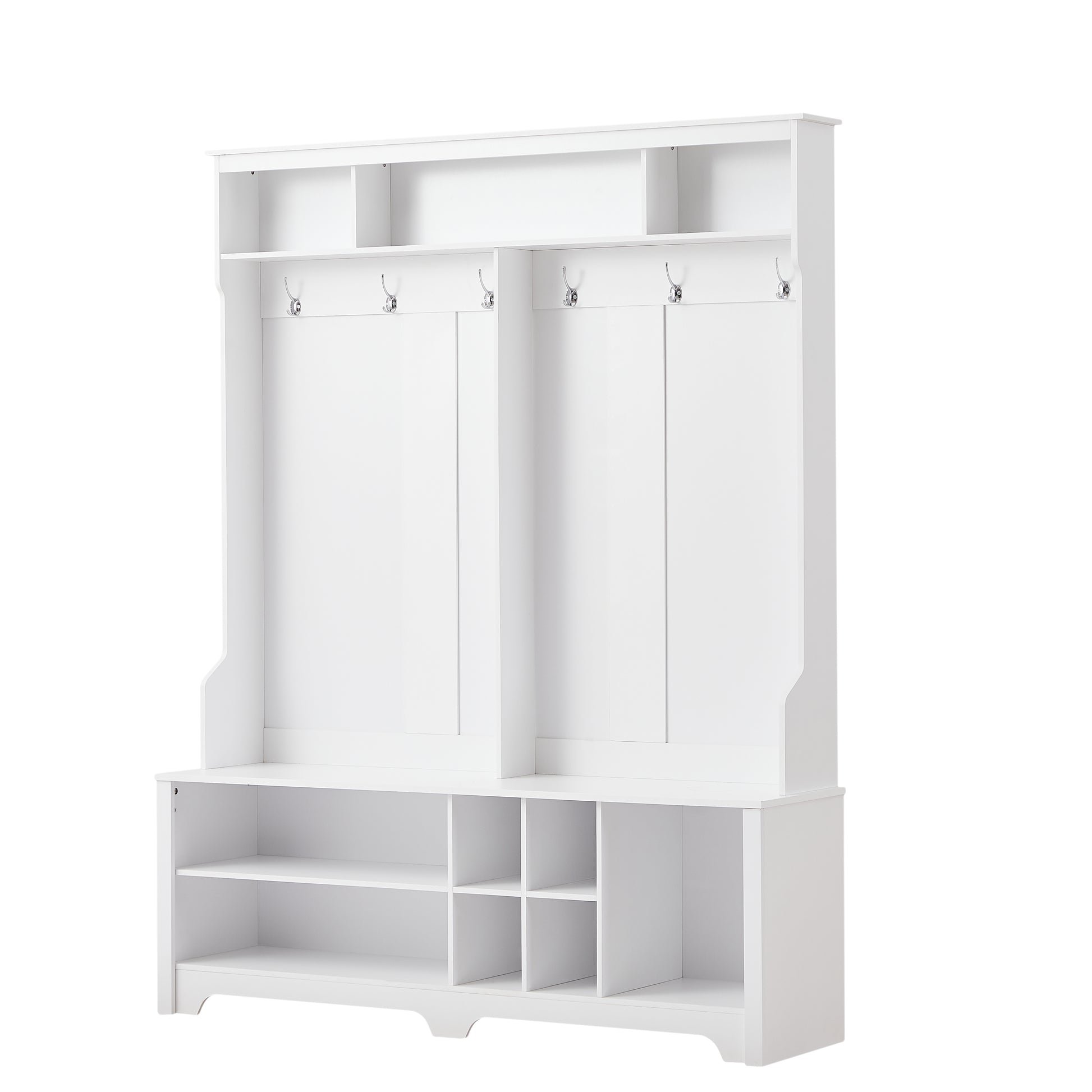 Hall Tree Entryway Bench With Coat Rack, With Shoe Cubbies For Bedroom, White, 59.8'' W X 15.8'' D X 76.8''H. White Particle Board