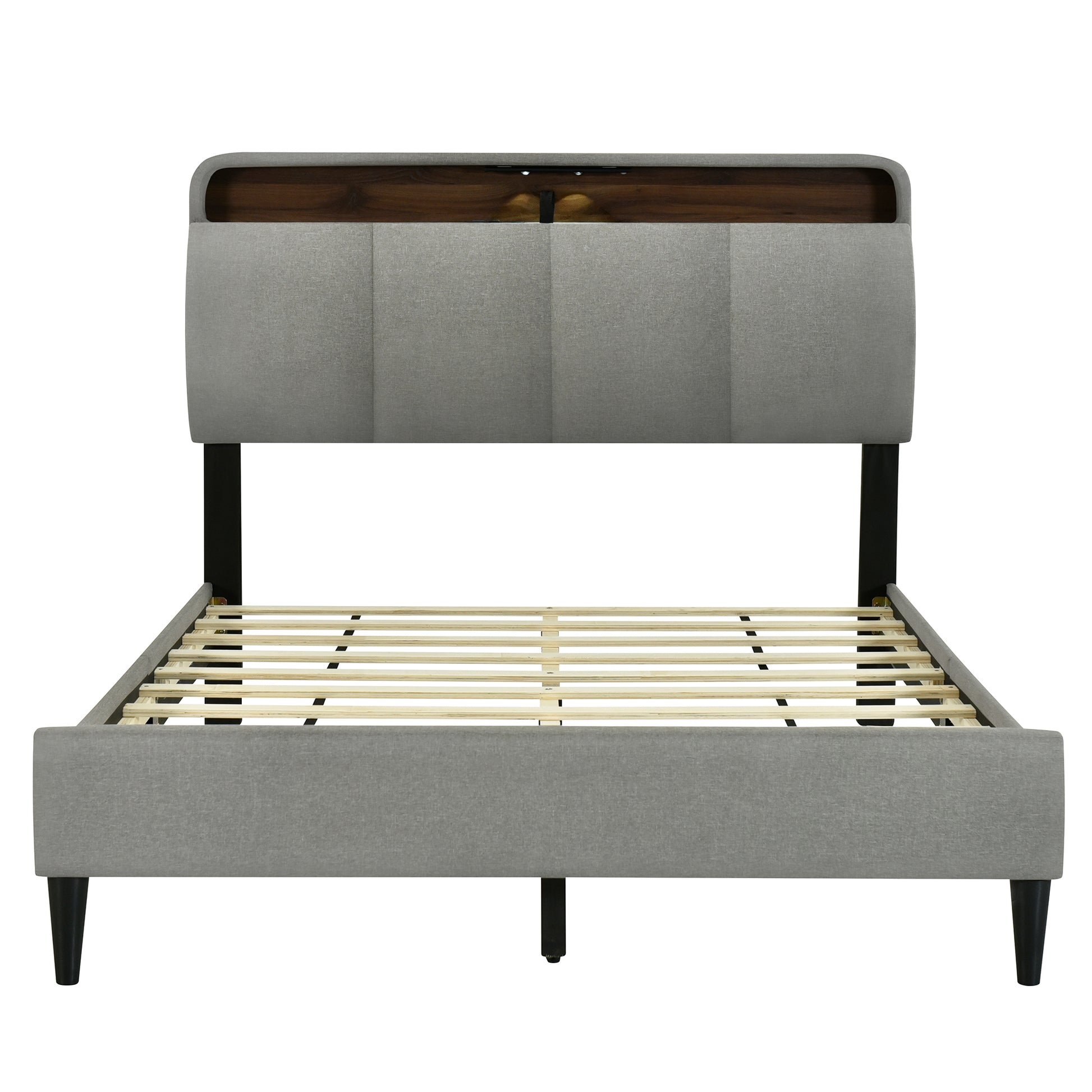Full Size Upholstered Platform Bed With Storage Headboard, Sensor Light And A Set Of Sockets And Usb Ports, Linen Fabric, Gray Gray Linen