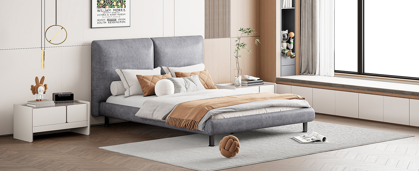 Queen Size Upholstered Platform Bed With Two Large Headrests And Thick Fabric, Polyester, Gray Gray Polyester