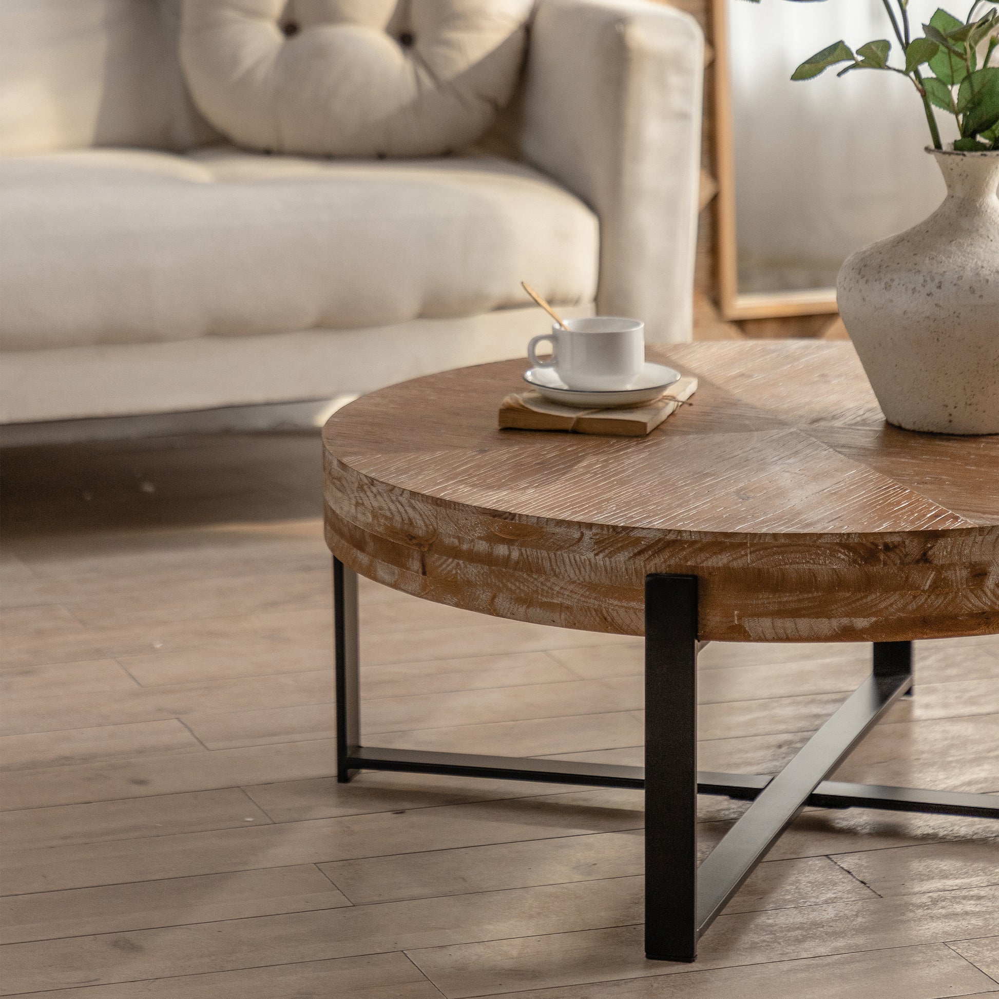 31.29"Modern Retro Splicing Round Coffee Tablefir Wood Table Top With Cross Legs Metal Base Same Sku:W757123560 Natural Metal & Wood