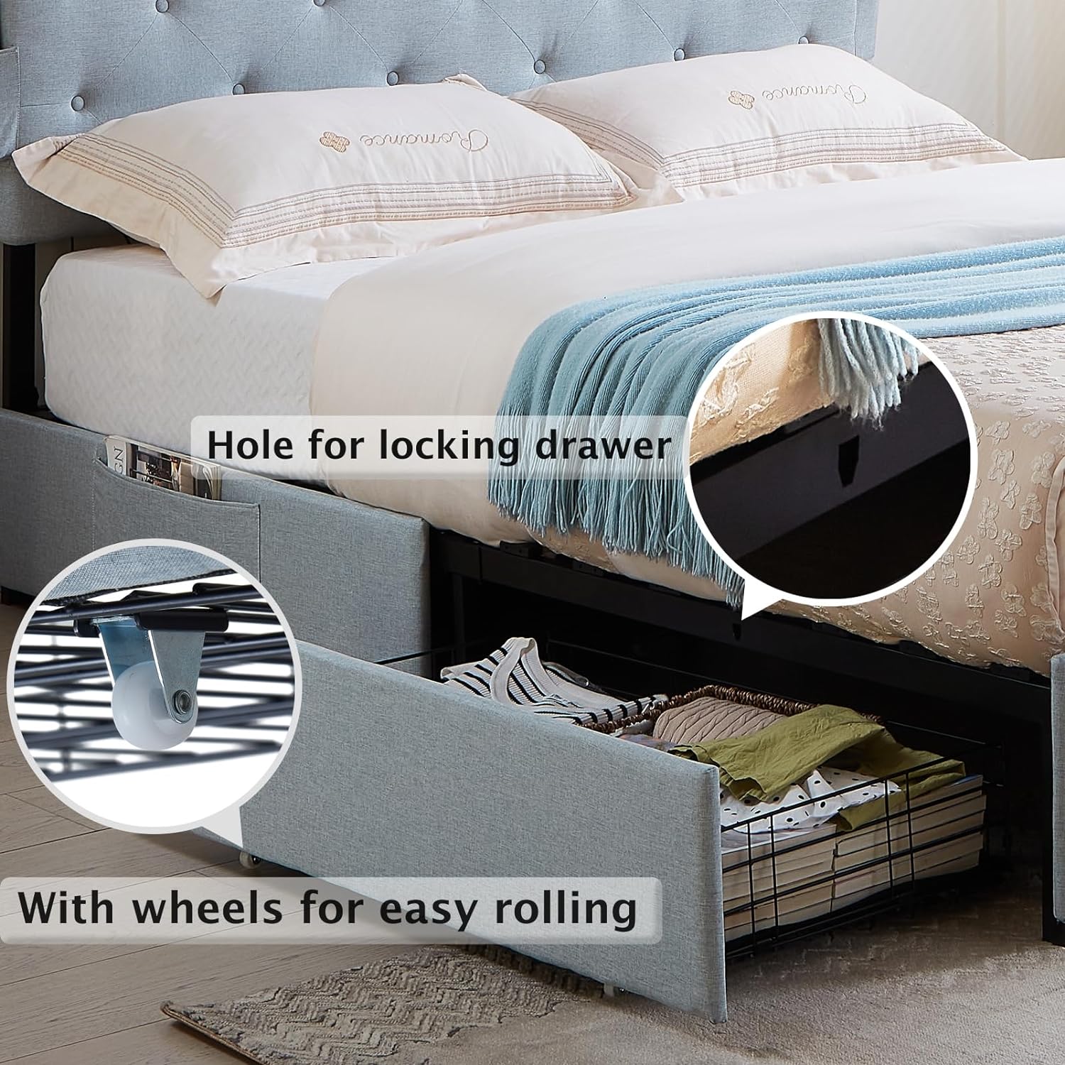Queen Bed Frame With Usb Charging Station & Led Lights, Queen Bed Frame With Headboard & 4 Storage Drawers, D Box Spring Not Required Queen Dark Gray Metal Bedroom Contemporary Bed Frame Foam Linen Upholstered