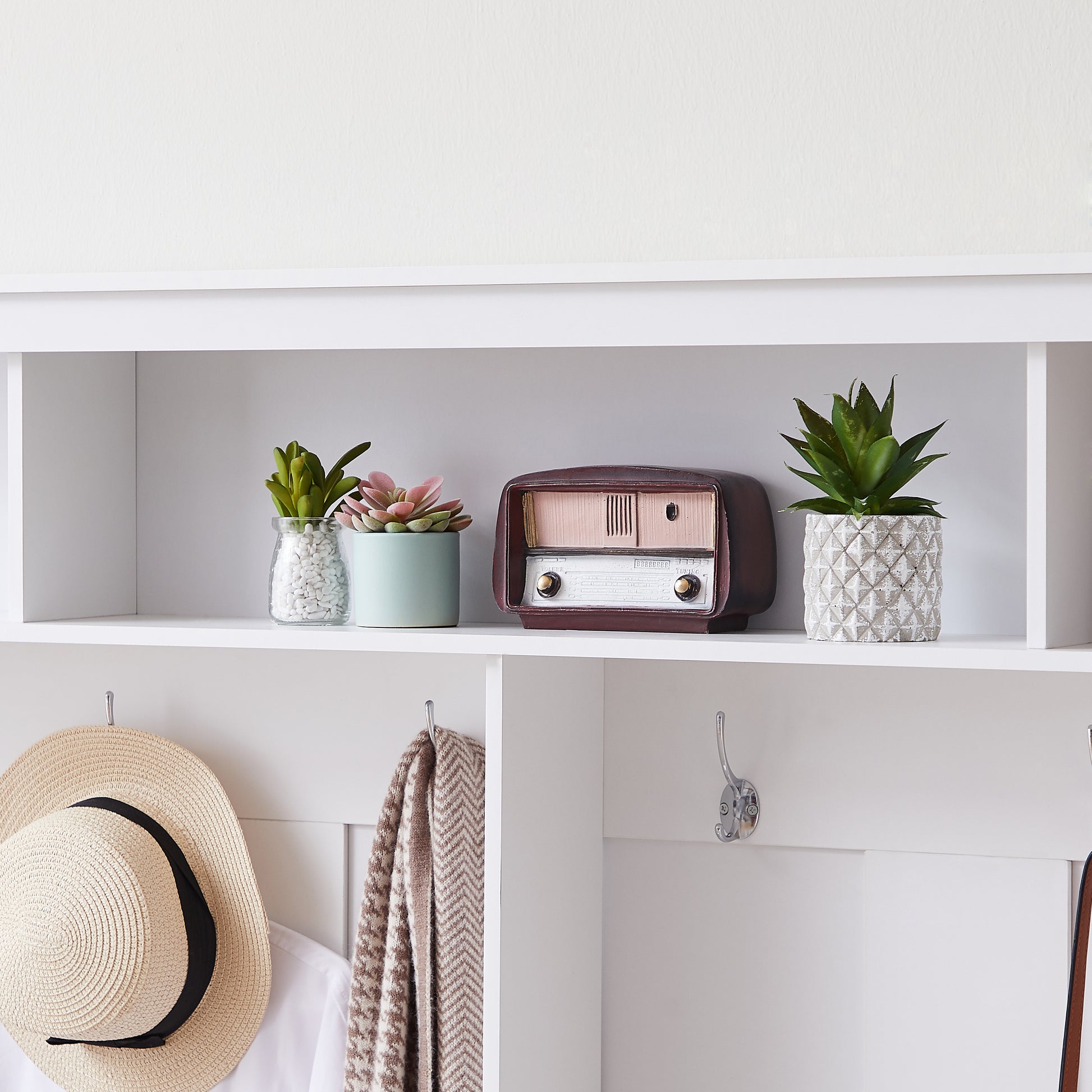 Hall Tree Entryway Bench With Coat Rack, With Shoe Cubbies For Bedroom, White, 59.8'' W X 15.8'' D X 76.8''H. White Particle Board