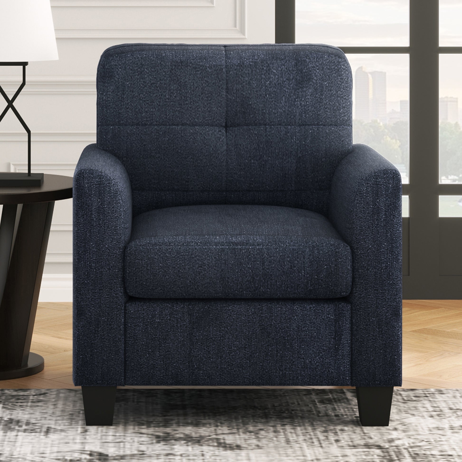 Mid Century Modern Accent Chair Cozy Armchair Button Tufted Back And Wood Legs For Living Room, Office Room, Dark Blue Dark Blue Primary Living Space Polyester