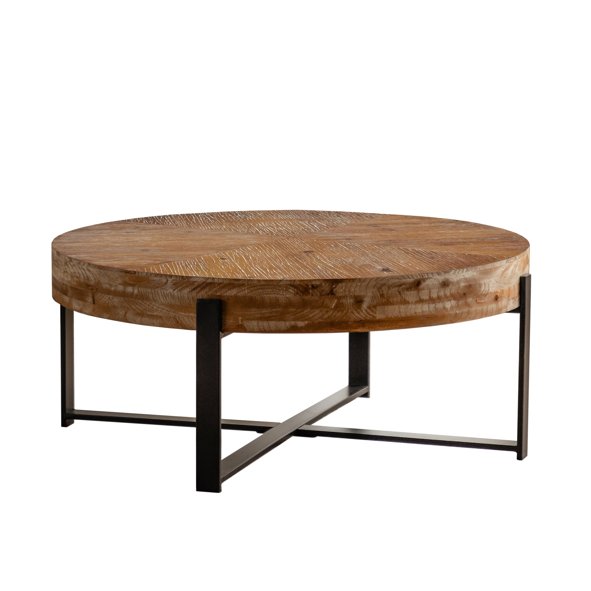 31.29"Modern Retro Splicing Round Coffee Tablefir Wood Table Top With Cross Legs Metal Base Same Sku:W757123560 Natural Metal & Wood