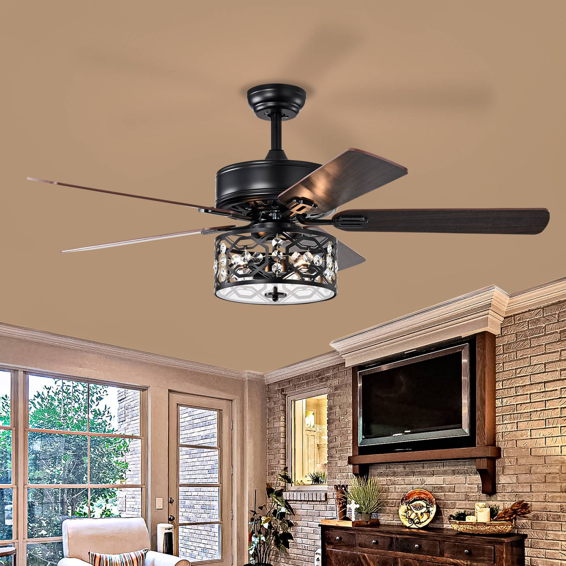 52 Inch Crystal Chandelier Fan With Lights And Remote Control, Modern Ceiling Fan With Dual Finish Reversible Blades, Fandelier For Living Room, Dining Room, Bedroom, Family Room, Matte Black Matte Black American Traditional,Antique,Classic,Contemporary