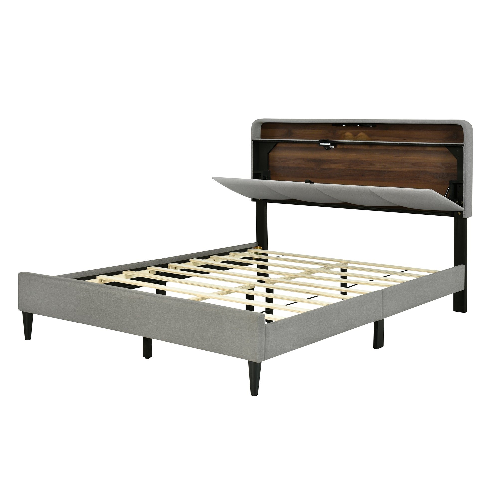 Queen Size Upholstered Platform Bed With Storage Headboard, Sensor Light And A Set Of Sockets And Usb Ports, Linen Fabric, Gray Gray Linen
