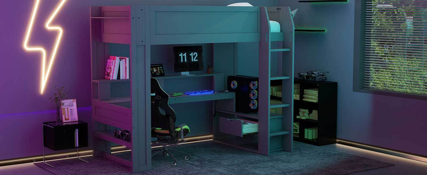 Wood Twin Size Gaming Loft Bed With Desk, Multi Storage Shelves, Led And Charging Station, Dark Gray Box Spring Not Required Twin Dark Gray Wood Bedroom Bed Frame Solid Wood Mdf
