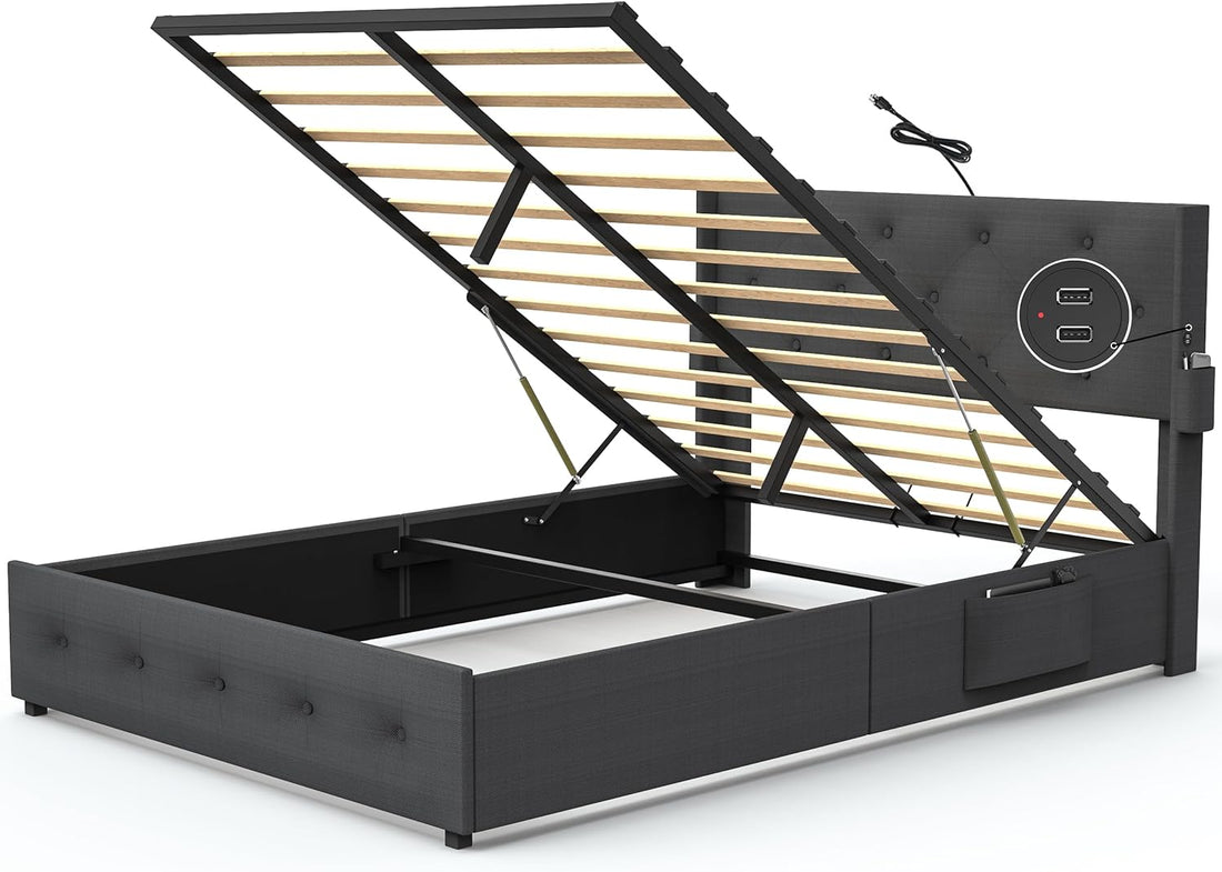 Queen Size Bed Frame With Storage Lift Up Storage Bed With Modern Wingback Headboard, Usb Ports Box Spring Not Required Queen Dark Gray Metal Bedroom Contemporary Bed Frame Foam Linen Upholstered