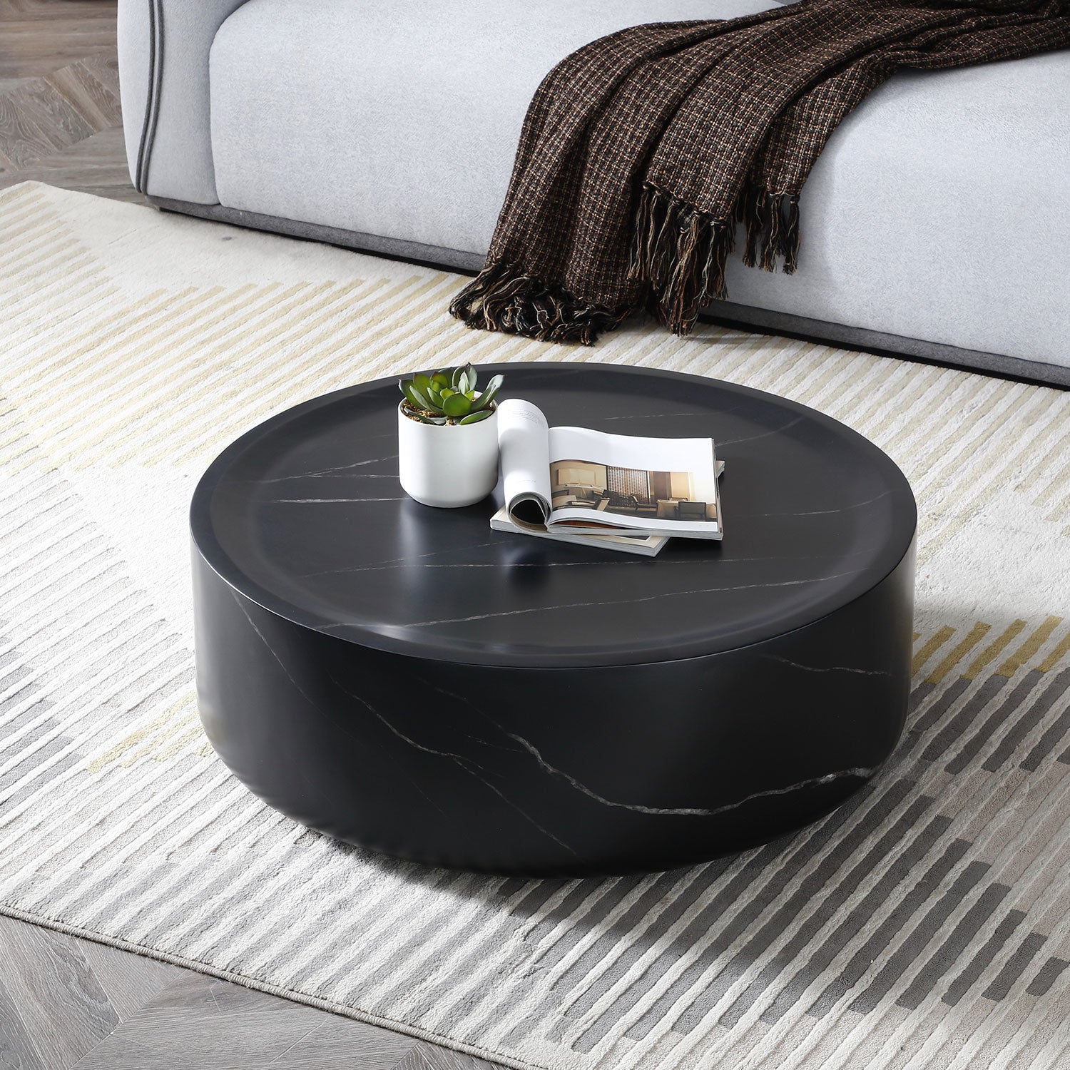 35.43'' Black Marble Round Coffee Table,Simple Modern Center Cocktail Table For Living Room Office,No Need Assembly. Black Fiberglass