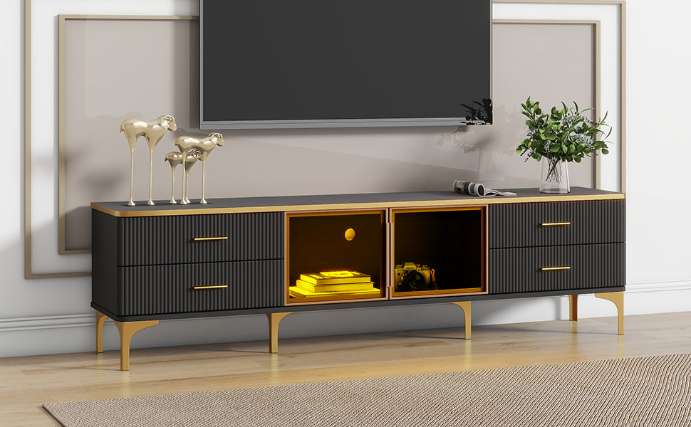 Stylish Led Tv Stand With Marble Veined Table Top For Tvs Up To 78'', Entertainment Center With Brown Glass Storage Cabinet, Golden Legs & Handles For Living Room, Black Gold Black Primary Living Space 70 79 Inches 70 79 Inches Particle Board