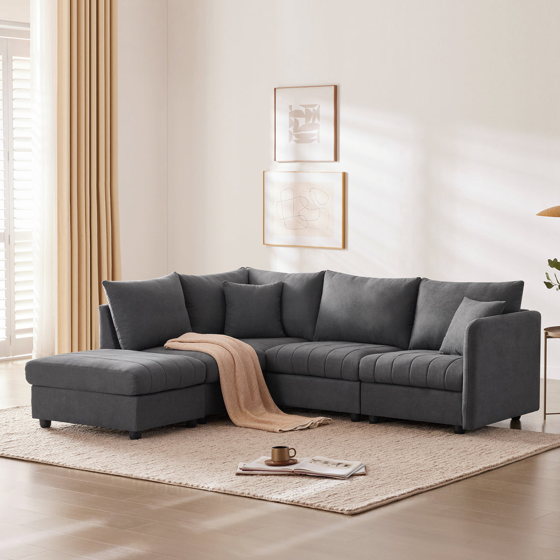 89*79"Modern Sectional Sofa With Vertical Stripes,2 Pillows,5 Seat Couch With Convertible Ottoman,Various Combinations,L Shape Indoor Furniture For Living Room,Apartment, 3 Colors Dark Gray Fabric 5 Seat