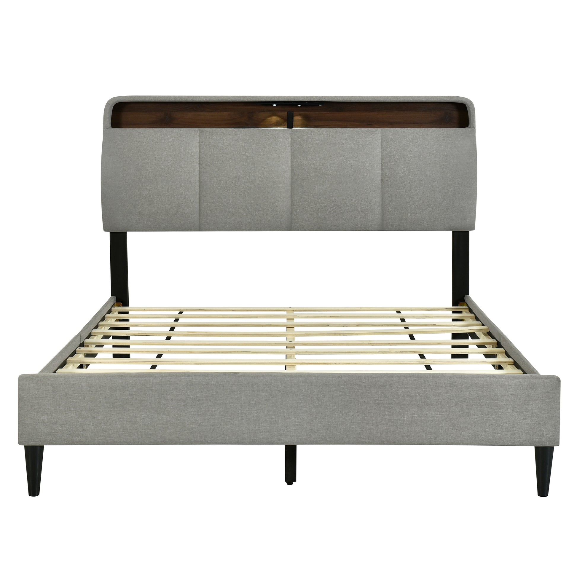Queen Size Upholstered Platform Bed With Storage Headboard, Sensor Light And A Set Of Sockets And Usb Ports, Linen Fabric, Gray Gray Linen