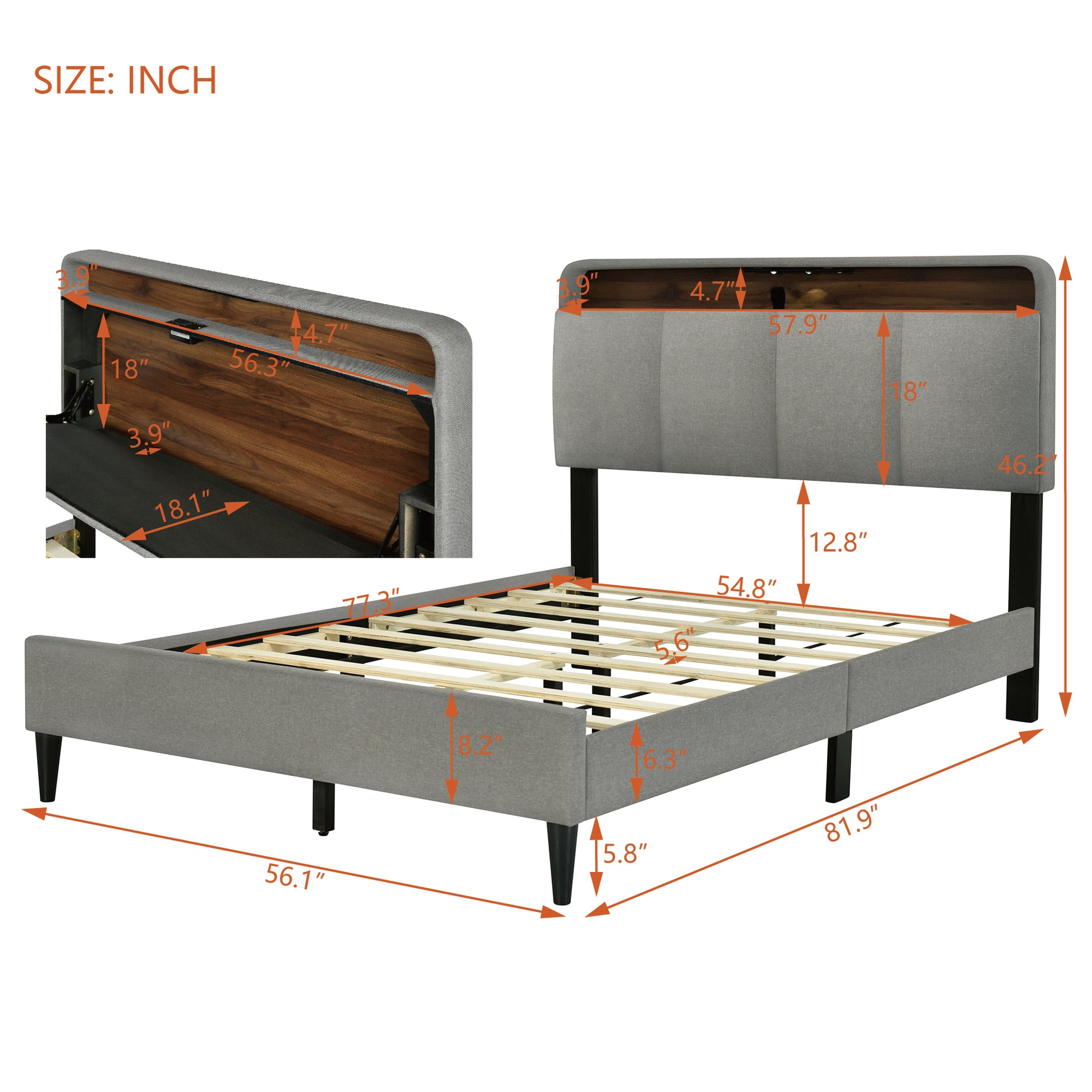 Full Size Upholstered Platform Bed With Storage Headboard, Sensor Light And A Set Of Sockets And Usb Ports, Linen Fabric, Gray Gray Linen