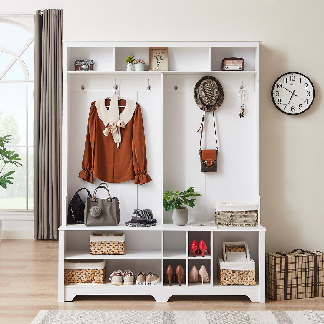Hall Tree Entryway Bench With Coat Rack, With Shoe Cubbies For Bedroom, White, 59.8'' W X 15.8'' D X 76.8''H. White Particle Board