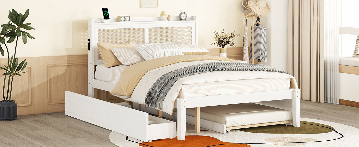 Queen Size Elegant Bed Frame With Rattan Headboard And Sockets ,White White Rattan