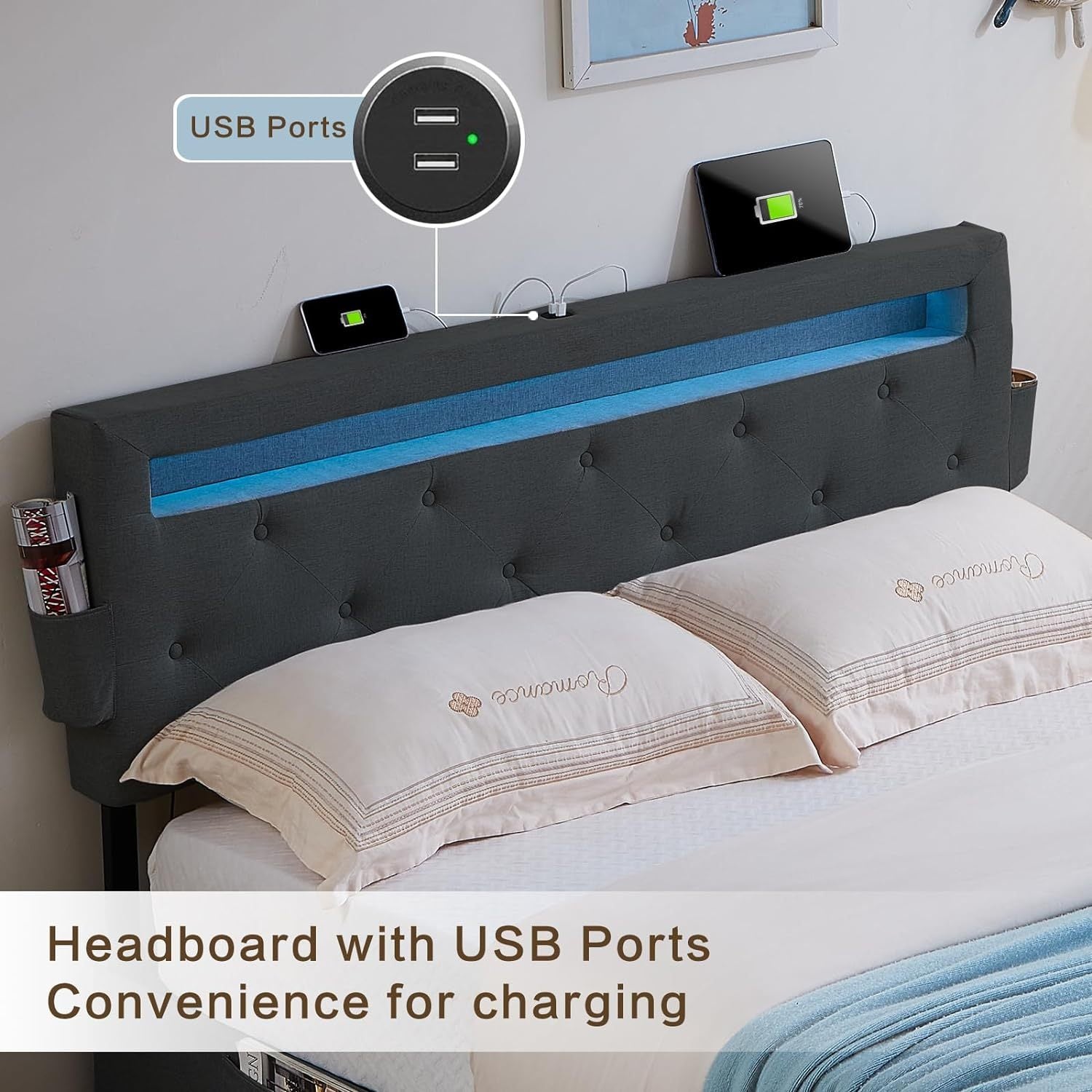 Full Bed Frame With Usb Charging Station & Led Lights, Full Bed Frame With Headboard & 4 Storage Drawers, D Box Spring Not Required Full Dark Gray Metal Bedroom Contemporary Bed Frame Foam Linen Upholstered