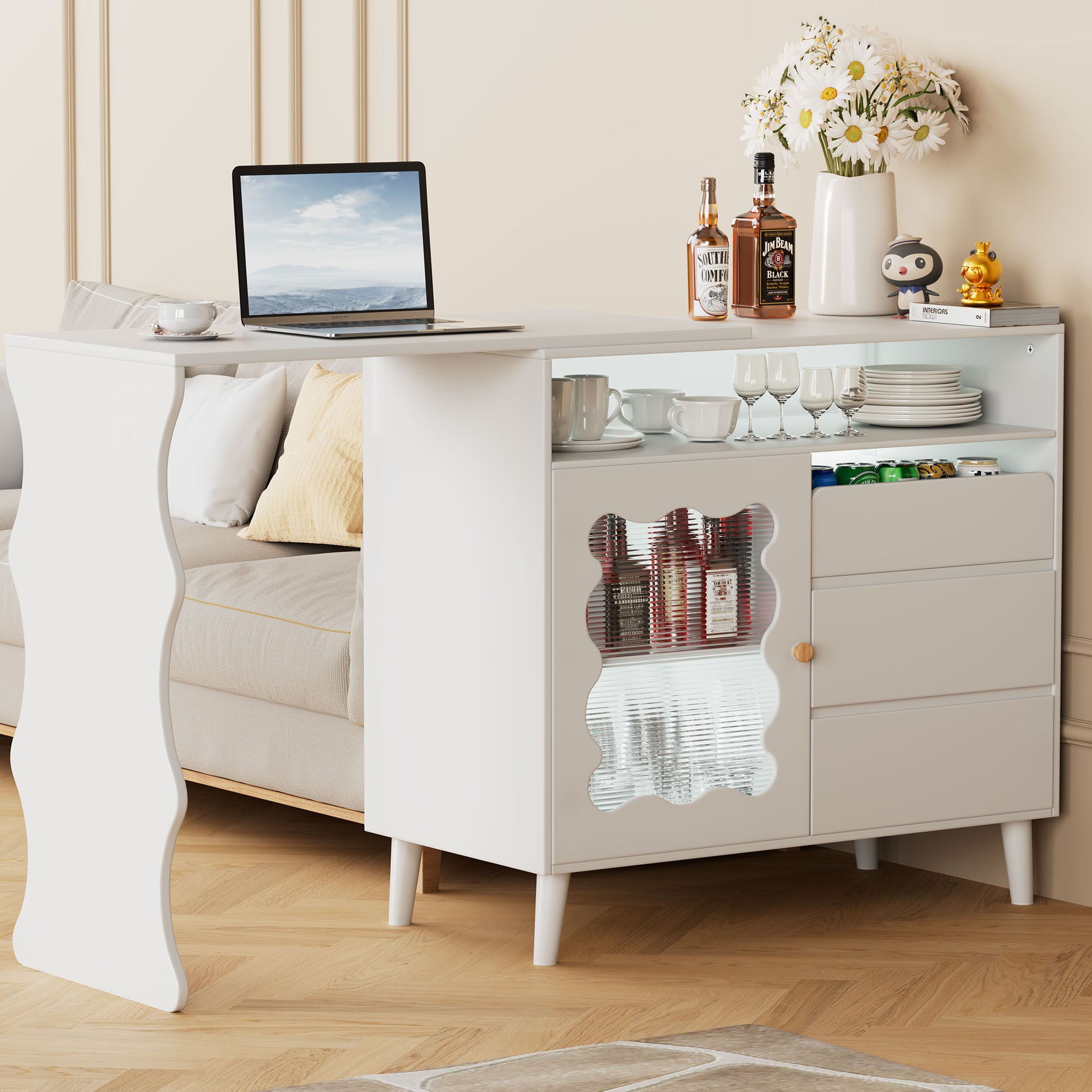 41" 79" Led L Shaped Modern Farmhouse Sideboard Buffet Cabinet, Wood Buffet Storage Cabinet With Drawers & Shelves, Large Coffee Bar Cabinet With Storage, Microwave Stand For Kitchen, Dining Room White Dining Room Modern Mdf