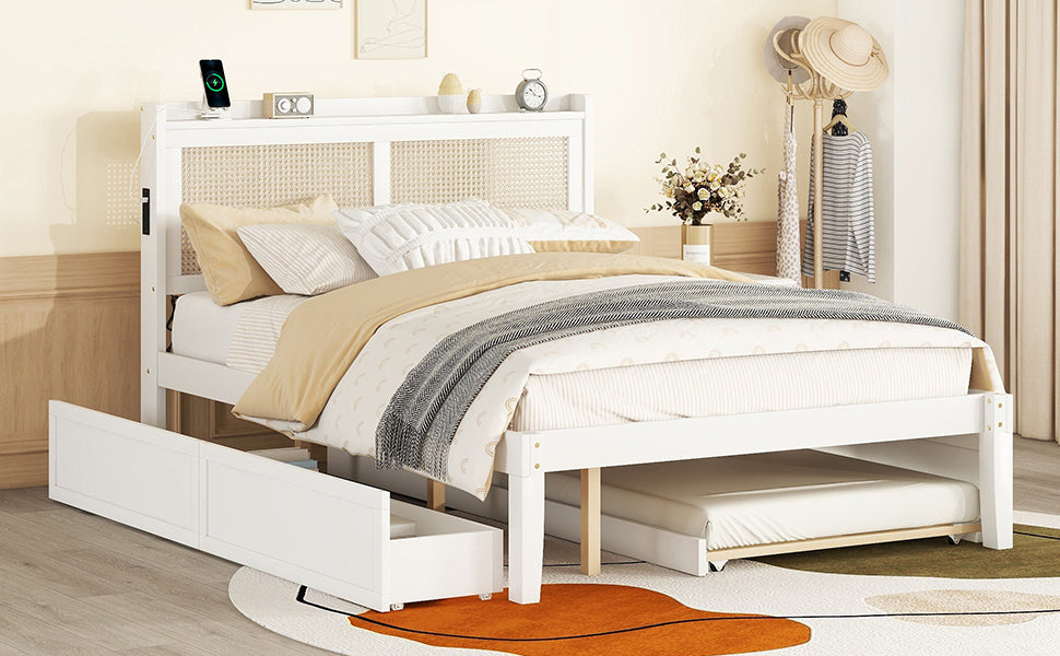 Queen Size Elegant Bed Frame With Rattan Headboard And Sockets ,White White Rattan