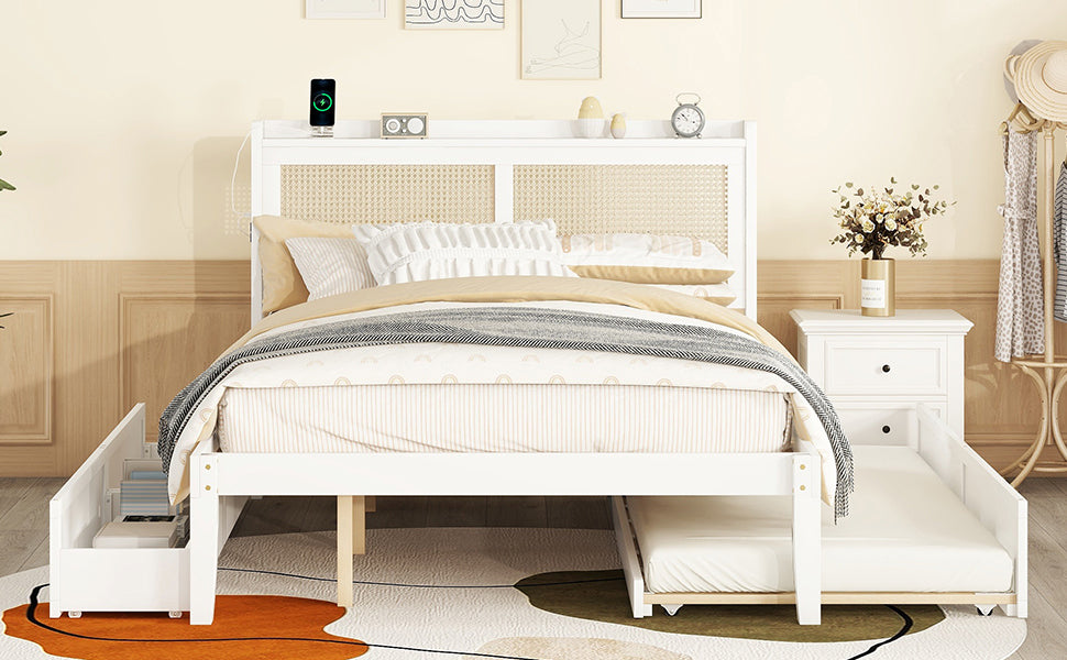 Queen Size Elegant Bed Frame With Rattan Headboard And Sockets ,White White Rattan