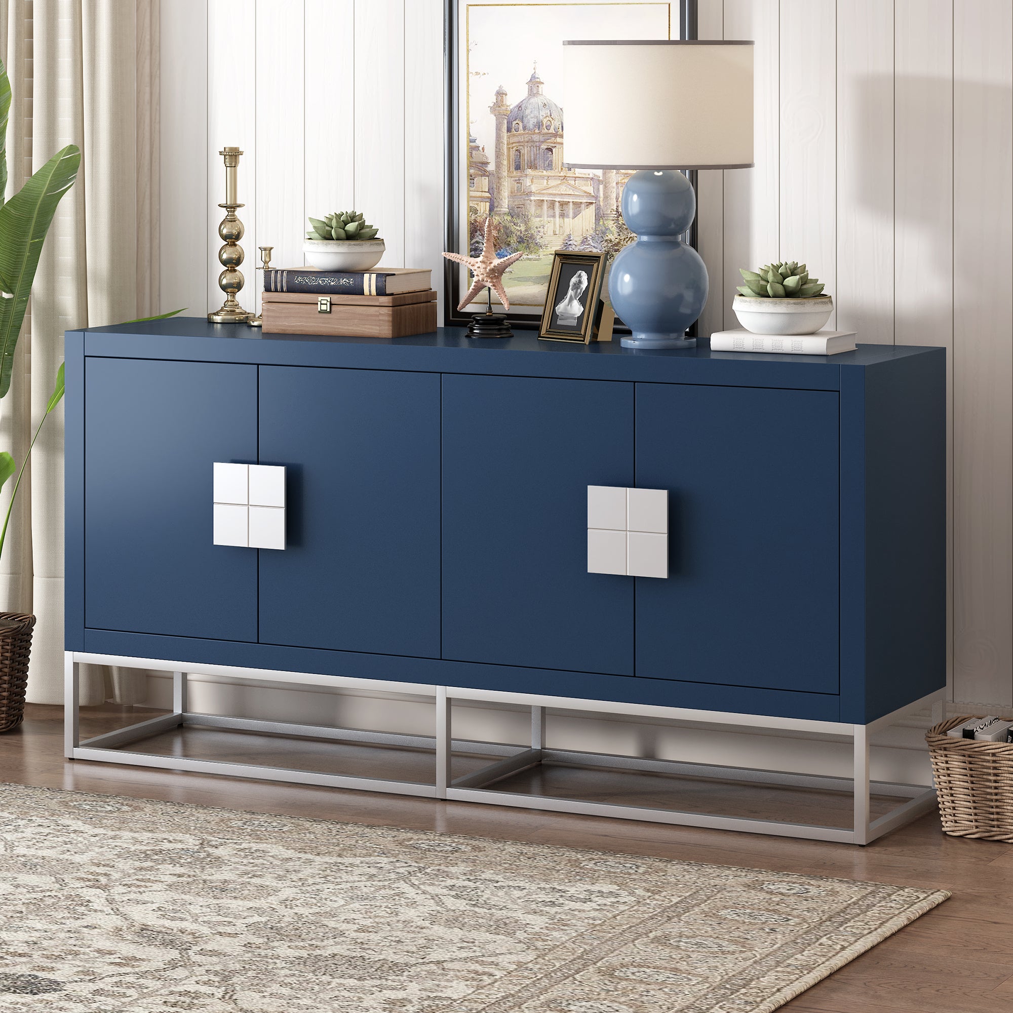 Light Luxury Designed Cabinet With Unique Support Legs And Adjustable Shelves, Suitable For Living Rooms, Corridors, And Study Rooms. Navy Blue Mdf