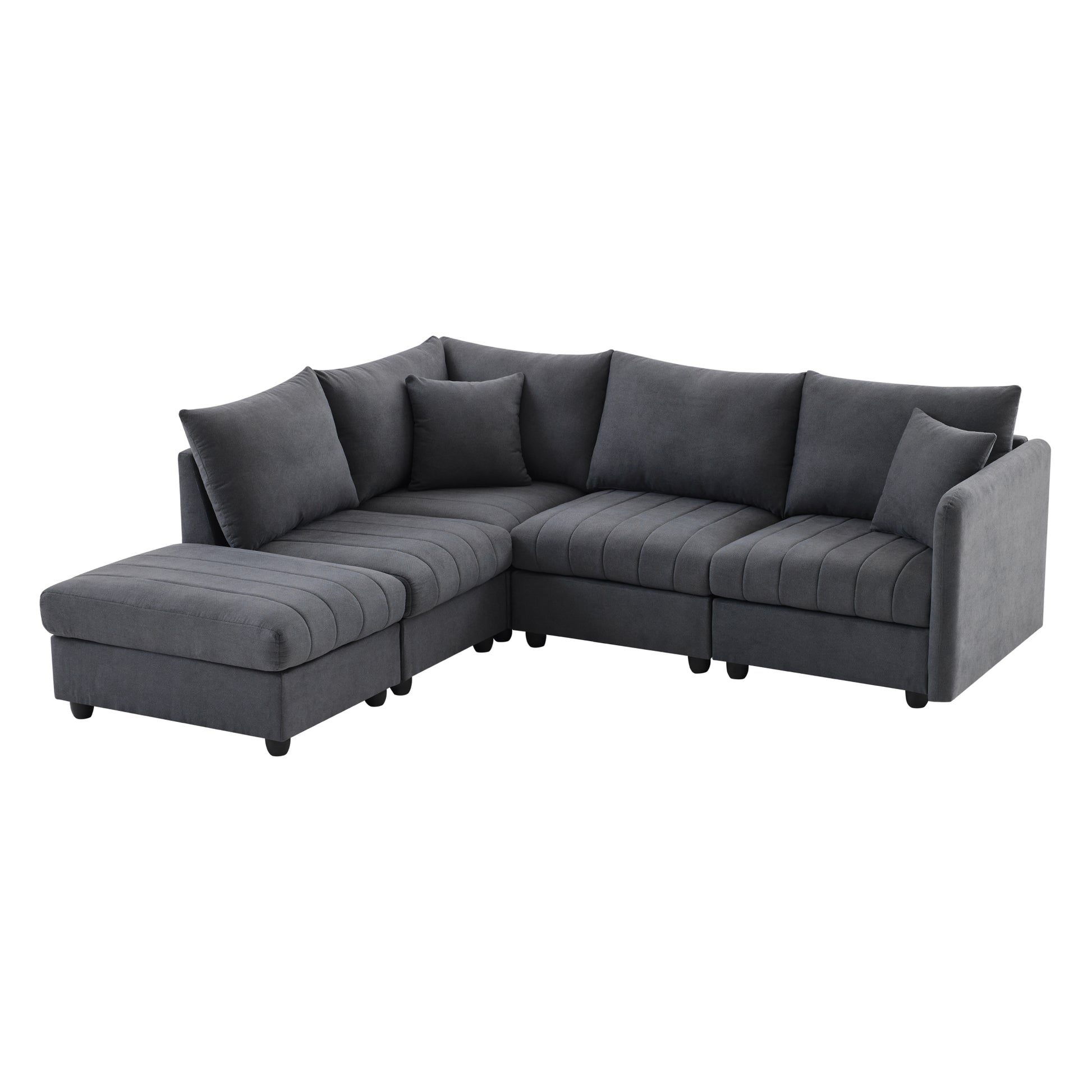 89*79"Modern Sectional Sofa With Vertical Stripes,2 Pillows,5 Seat Couch With Convertible Ottoman,Various Combinations,L Shape Indoor Furniture For Living Room,Apartment, 3 Colors Dark Gray Fabric 5 Seat