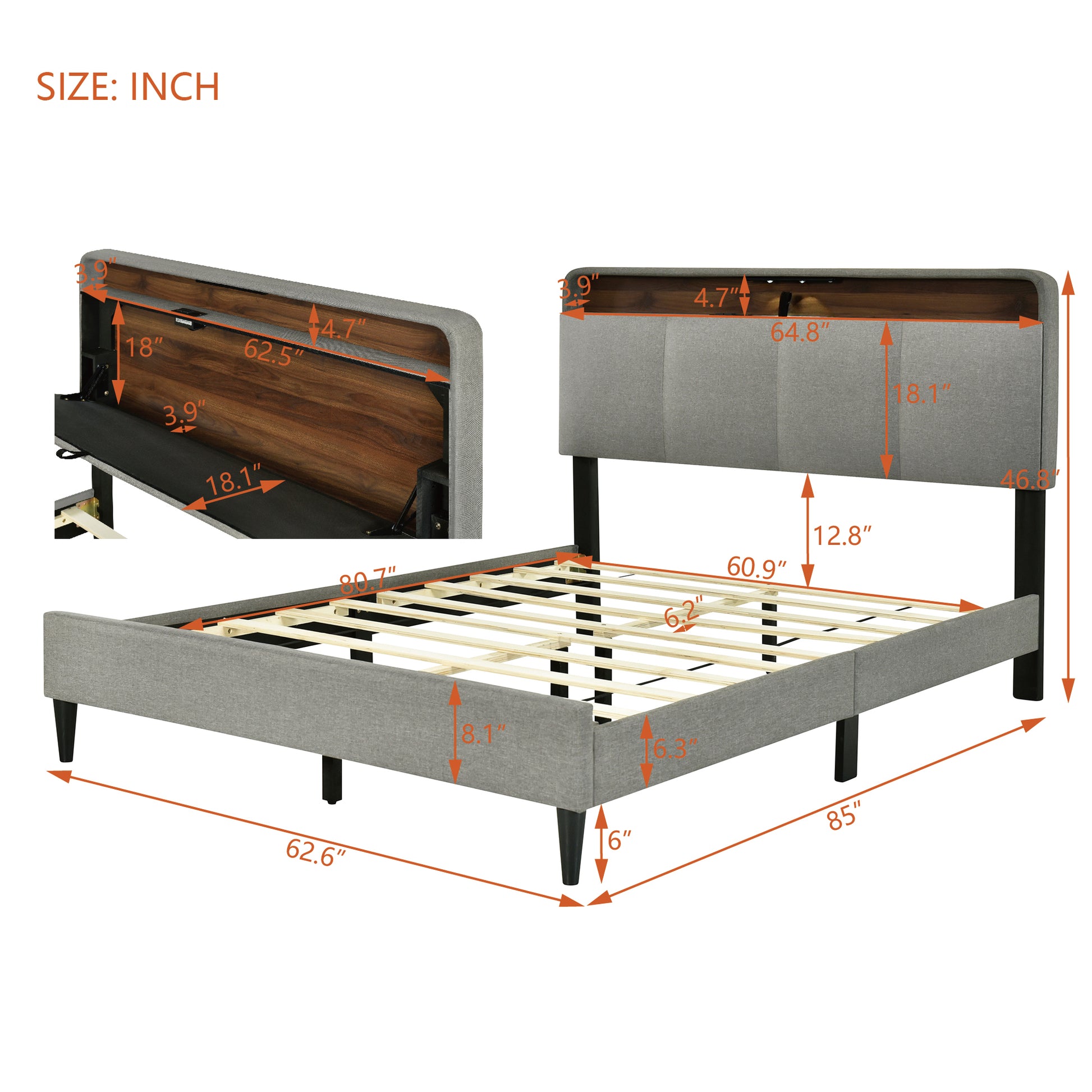 Queen Size Upholstered Platform Bed With Storage Headboard, Sensor Light And A Set Of Sockets And Usb Ports, Linen Fabric, Gray Gray Linen