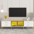 Stylish Led Tv Stand With Marble Veined Table Top For Tvs Up To 78'', Entertainment Center With Brown Glass Storage Cabinet, Golden Legs & Handles For Living Room, White Gold White Primary Living Space 70 79 Inches 70 79 Inches Particle Board