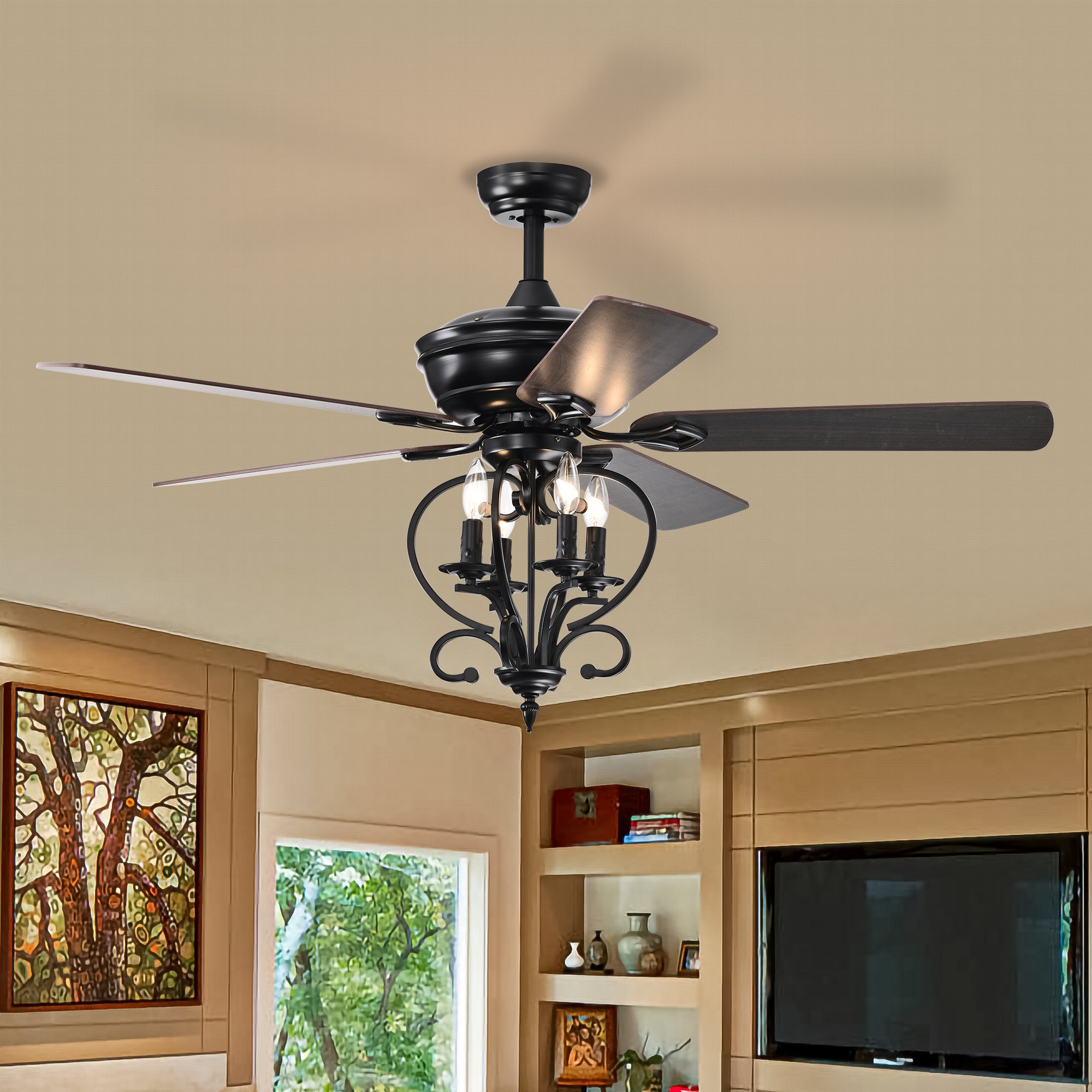 52 inch 4 Lights Ceiling Fan with 5 Wood Blades, Two matte black-traditional-wood-metal