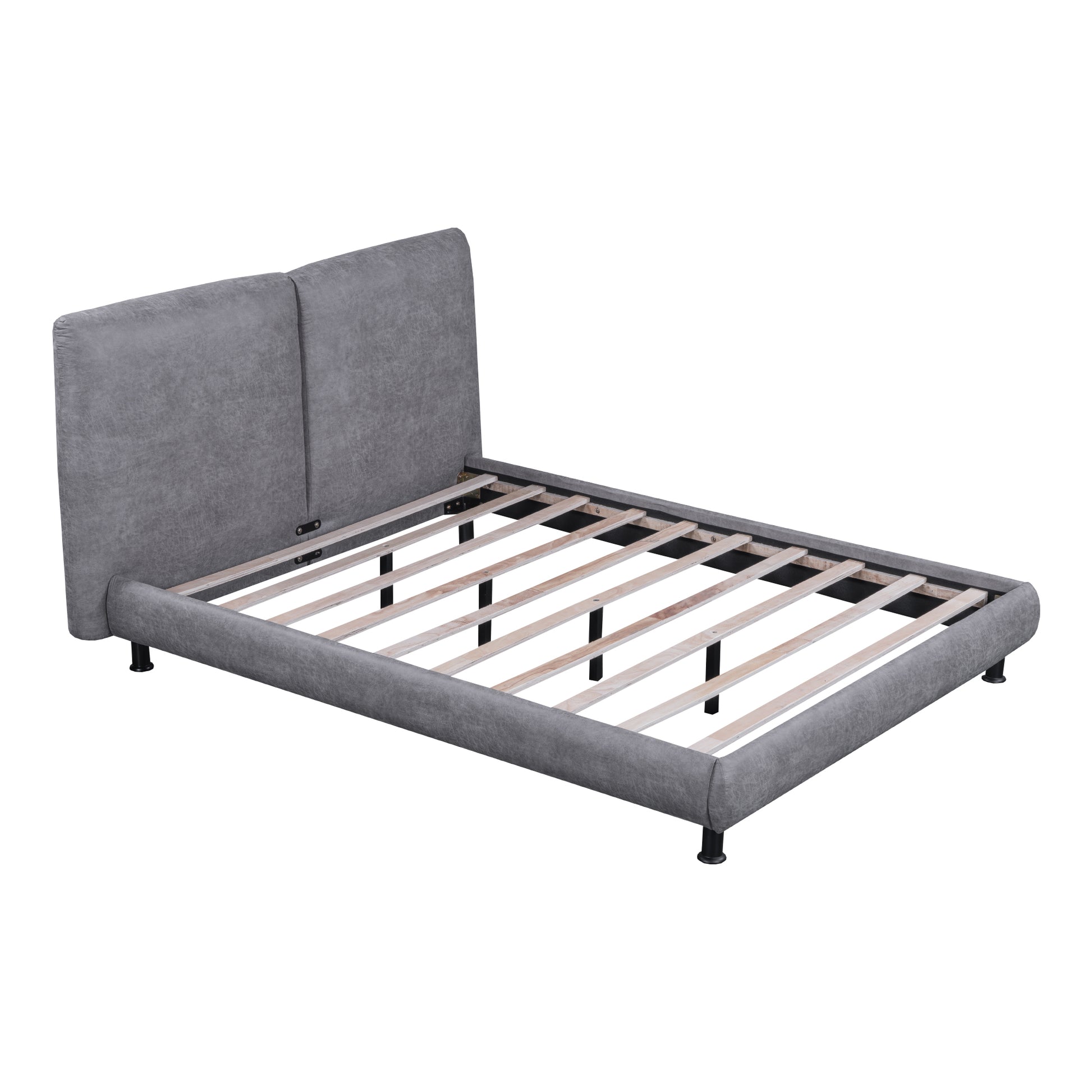 Queen Size Upholstered Platform Bed With Two Large Headrests And Thick Fabric, Polyester, Gray Gray Polyester