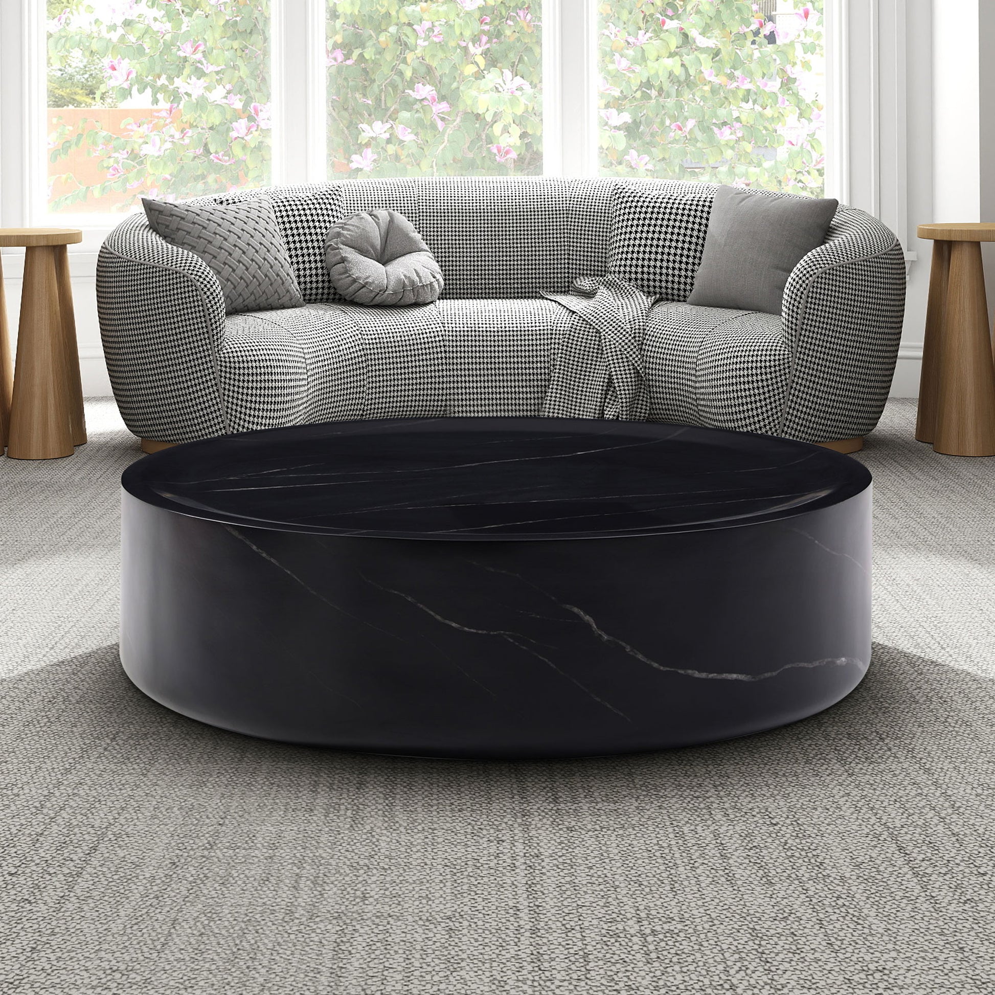 35.43'' Black Marble Round Coffee Table,Simple Modern Center Cocktail Table For Living Room Office,No Need Assembly. Black Fiberglass