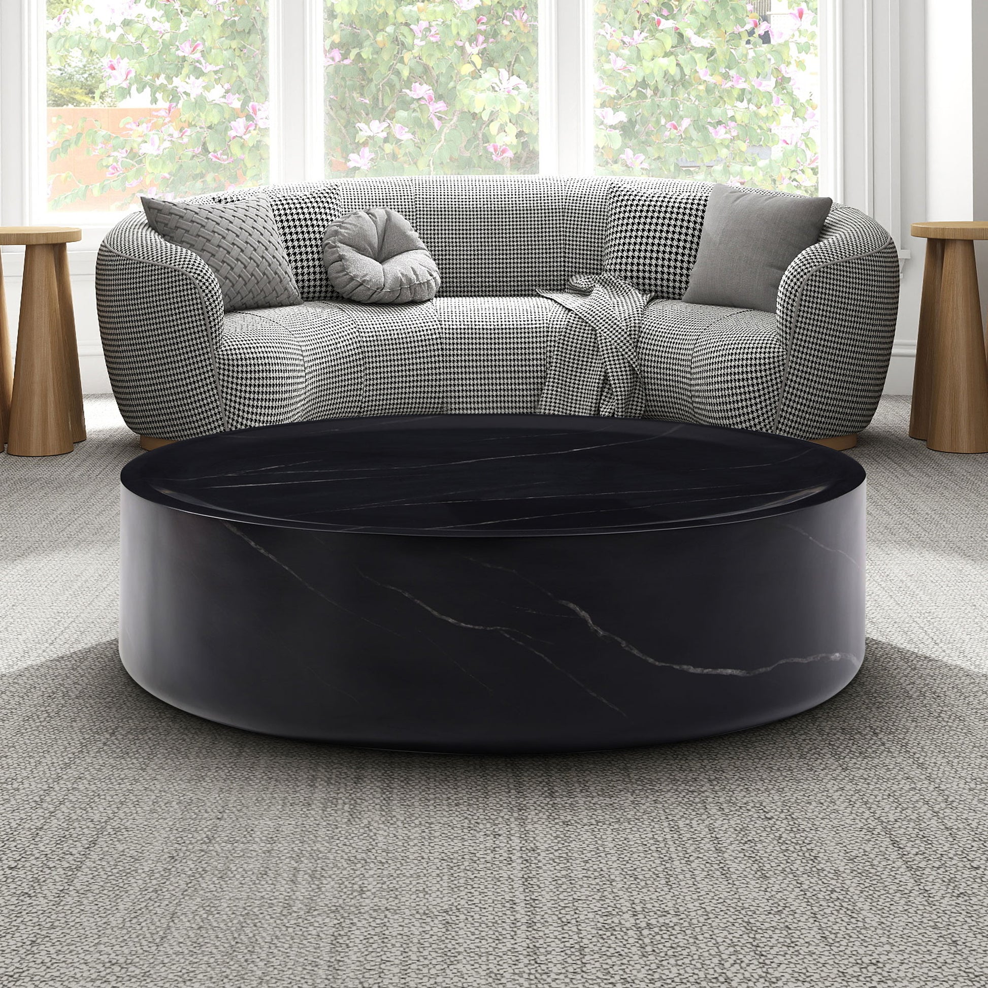 39.37'' Black Marble Round Coffee Table Sturdy Fiberglass Table For Living Room ,No Need Assembly. Black Fiberglass