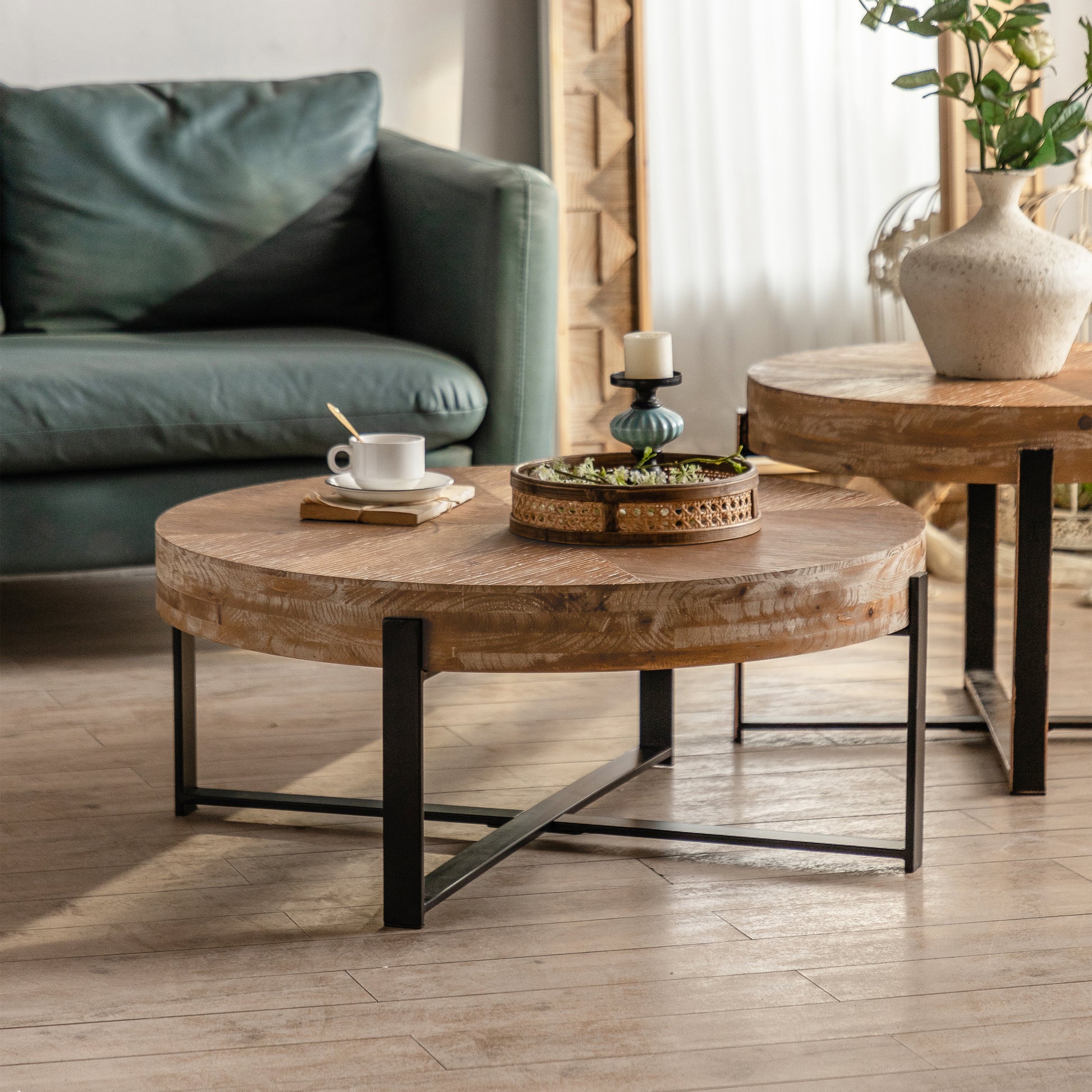 31.29"Modern Retro Splicing Round Coffee Tablefir Wood Table Top With Cross Legs Metal Base Same Sku:W757123560 Natural Metal & Wood