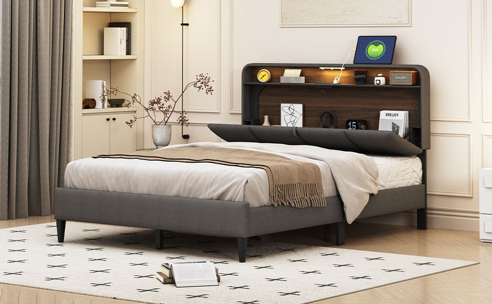 Full Size Upholstered Platform Bed With Storage Headboard, Sensor Light And A Set Of Sockets And Usb Ports, Linen Fabric, Gray Gray Linen