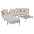 8 Piece Patio Sectional Sofa Set With Tempered Glass Coffee Table And Wooden Coffee Table For Outdoor Oasis, Garden, Patio And Poolside Beige Cushion White Steel Beige Iron
