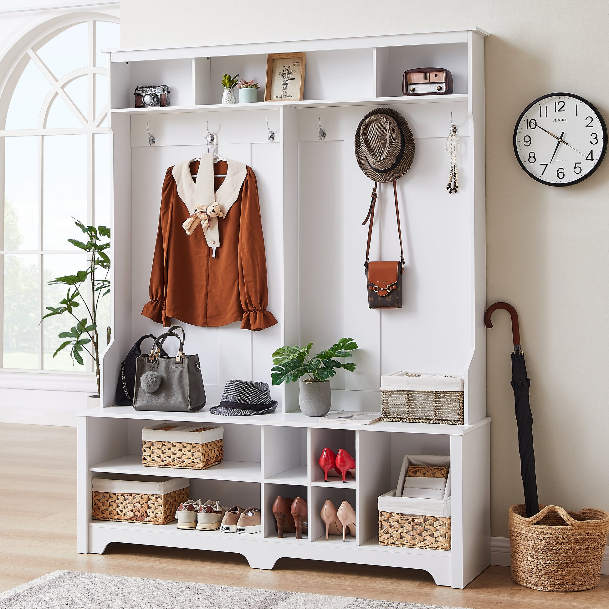 Hall Tree Entryway Bench With Coat Rack, With Shoe Cubbies For Bedroom, White, 59.8'' W X 15.8'' D X 76.8''H. White Particle Board