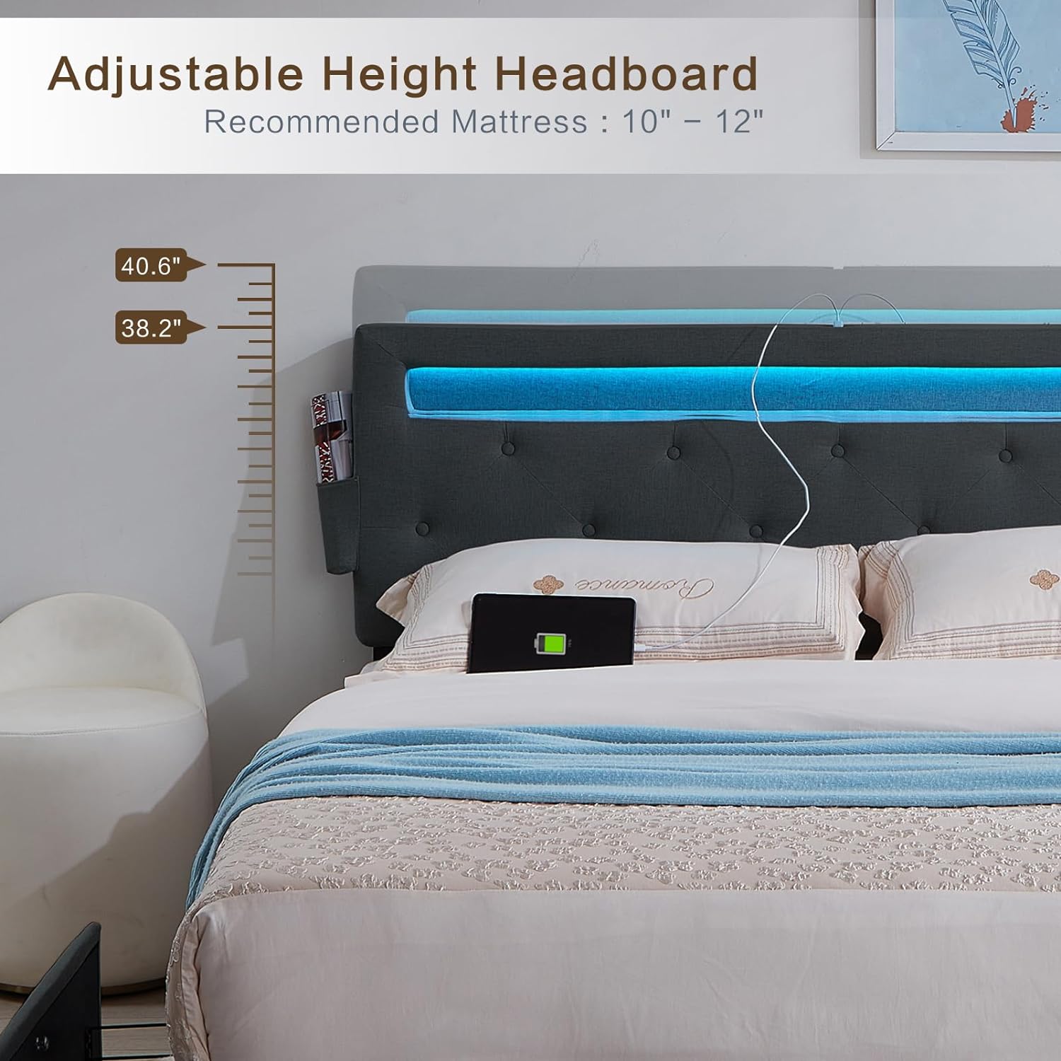 Queen Bed Frame With Usb Charging Station & Led Lights, Queen Bed Frame With Headboard & 4 Storage Drawers, D Box Spring Not Required Queen Dark Gray Metal Bedroom Contemporary Bed Frame Foam Linen Upholstered