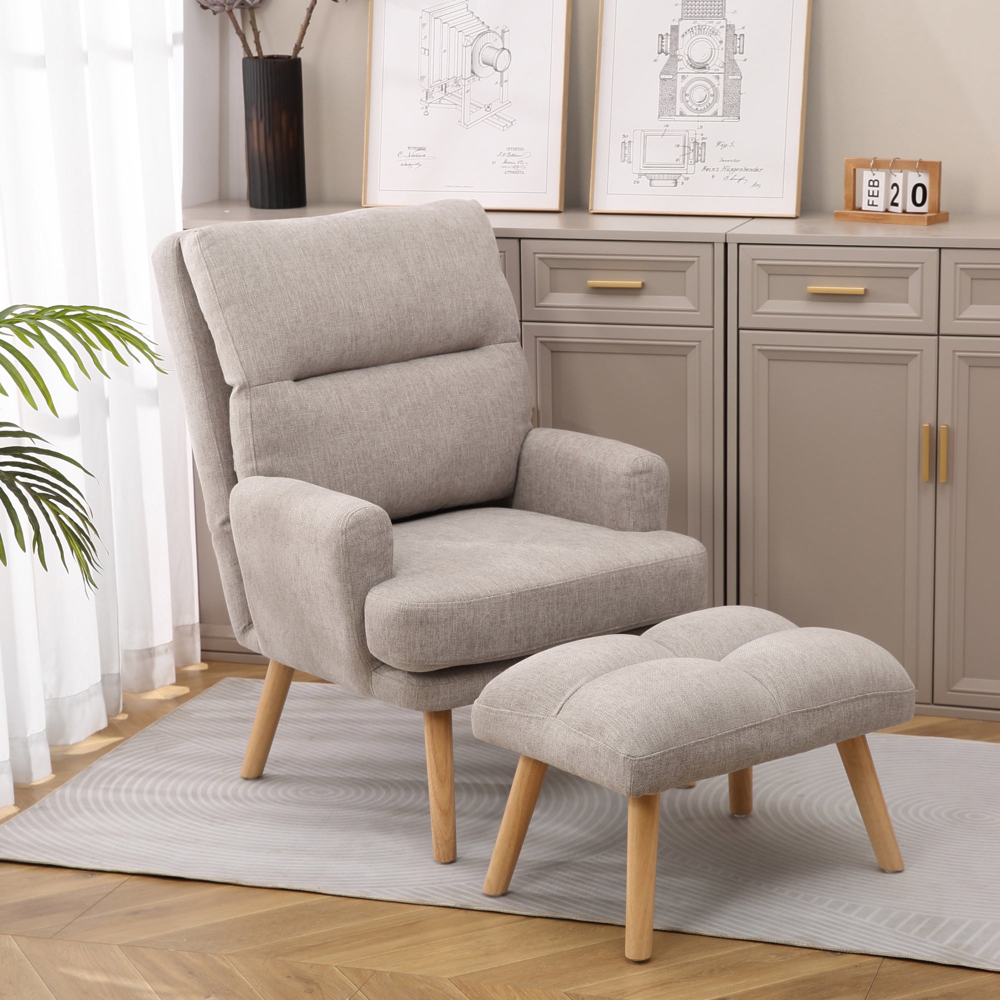 Accent Chair With Ottoman Set, Fabric Armchair With Wood Legs And Adjustable Backrestmid Century Modern Comfy Lounge Chair For Living Room, Bedroom, Reading Room And Study Grey Textile 1 Seat