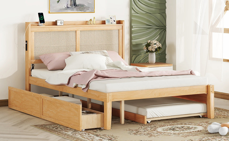 Queen Size Elegant Bed Frame With Rattan Headboard And Sockets ,Natural Twin Natural Rattan