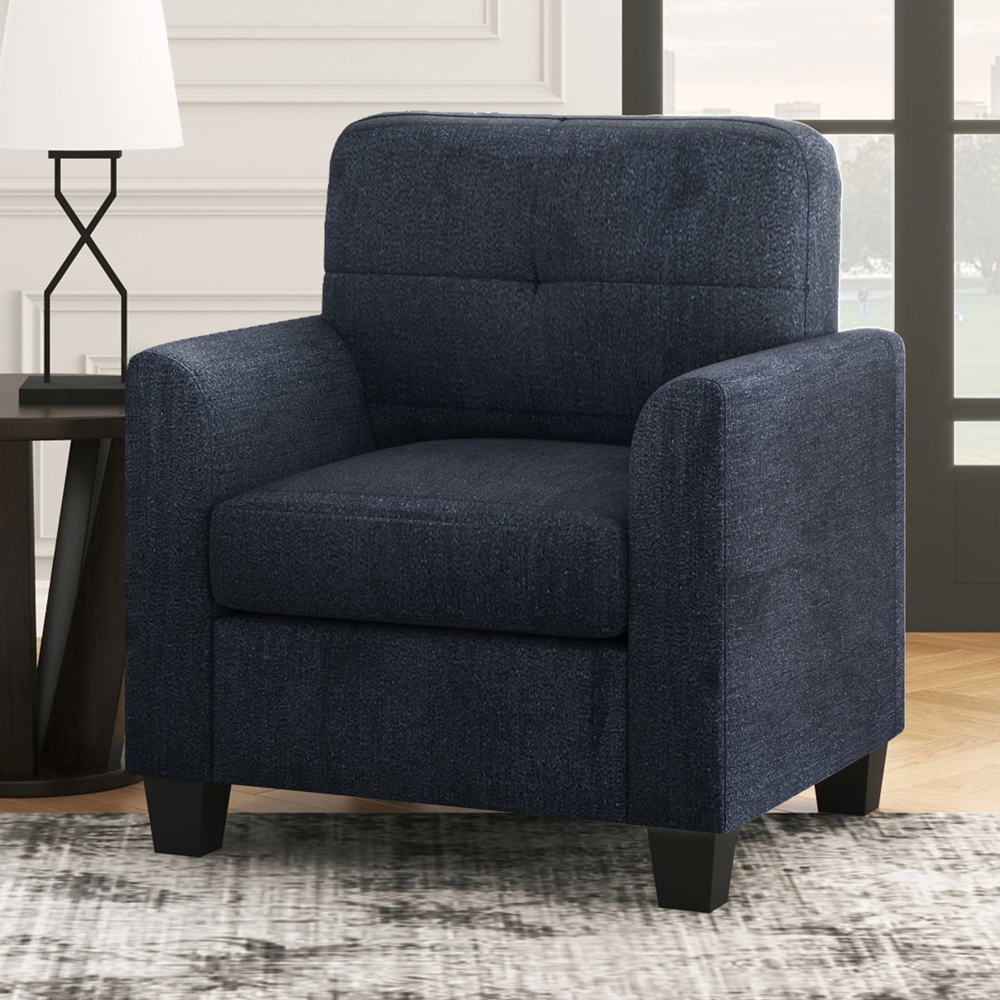 Mid Century Modern Accent Chair Cozy Armchair Button Tufted Back And Wood Legs For Living Room, Office Room, Dark Blue Dark Blue Primary Living Space Polyester