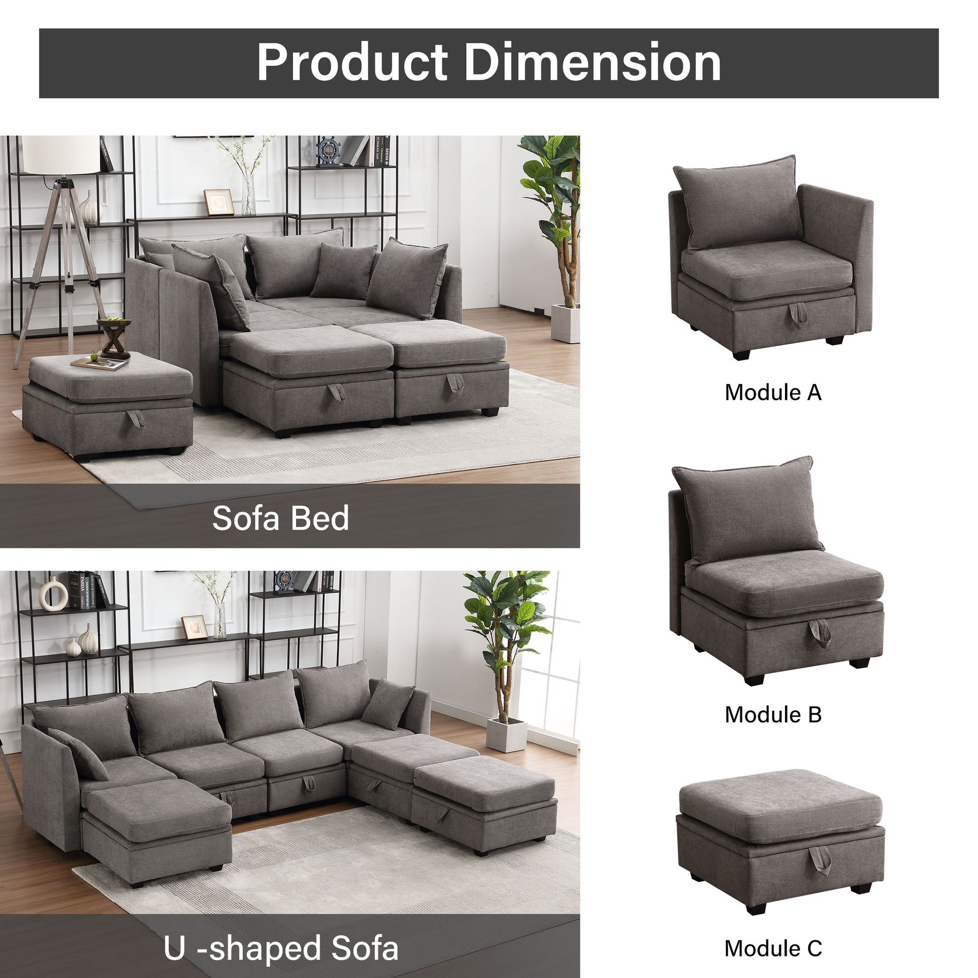 Modular Sectional Sofa, Convertible Sofa Couch With Storage, Sleeper Sectional Sofa Set, Flexible Modular Combinations Fabric Couch For Living Room Grey,5 Seat Sofa Grey Wood Soft Heavy Duty Fabric 5 Seat