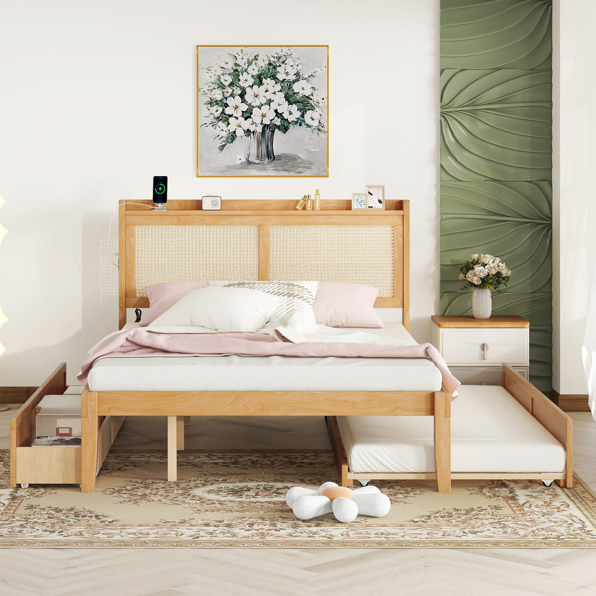 Queen Size Elegant Bed Frame With Rattan Headboard And Sockets ,Natural Twin Natural Rattan