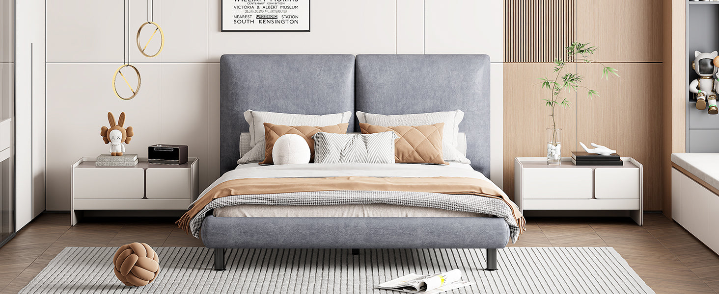 Queen Size Upholstered Platform Bed With Two Large Headrests And Thick Fabric, Polyester, Gray Gray Polyester