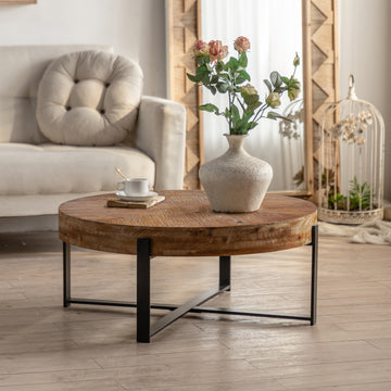 31.29"Modern Retro Splicing Round Coffee Tablefir Wood Table Top With Cross Legs Metal Base Same Sku:W757123560 Natural Metal & Wood