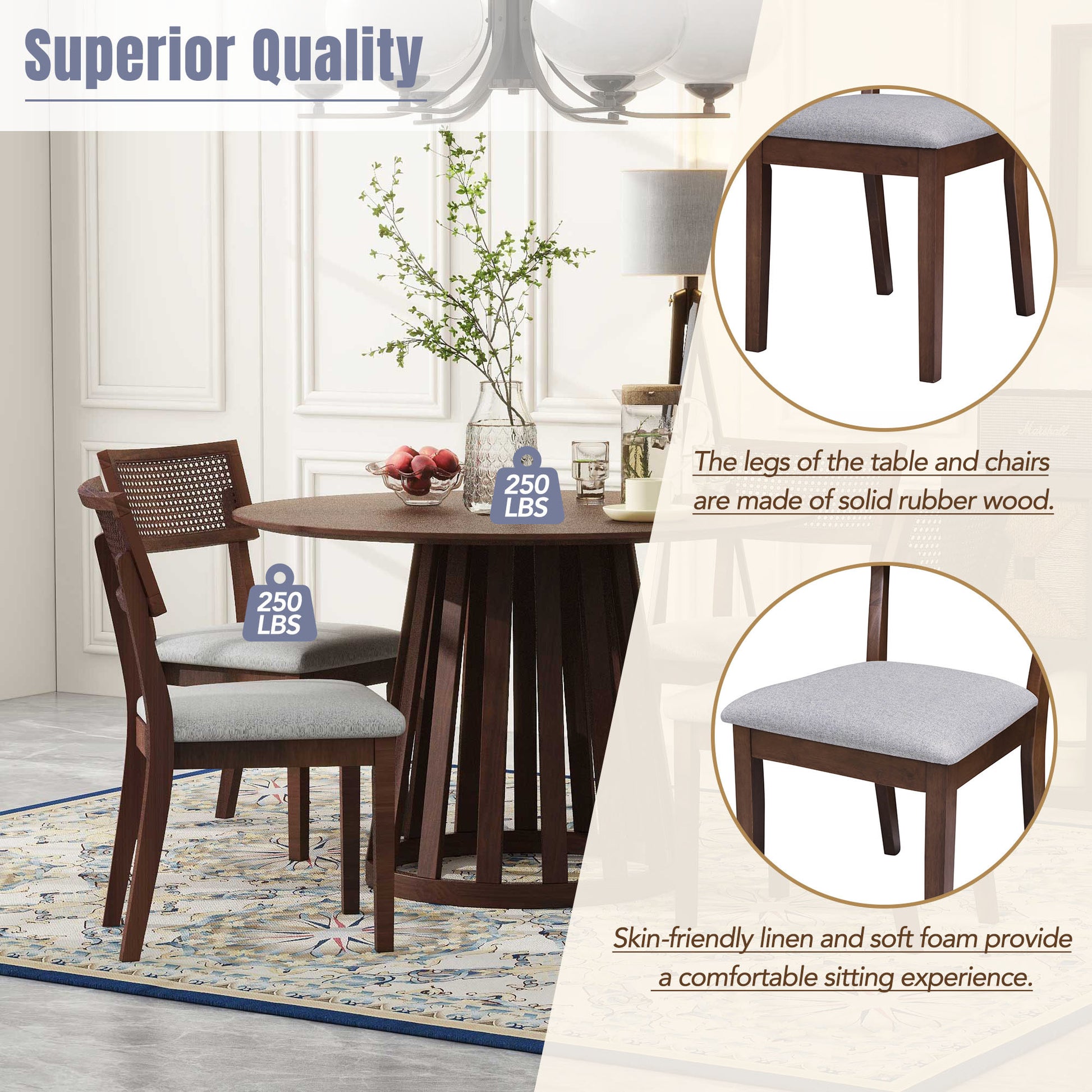 5 Piece Retro Dining Set With 1 Round Dining Table And 4 Upholstered Chairs With Rattan Backrests For Dining Room And Kitchen Walnut Walnut Solid Wood Mdf